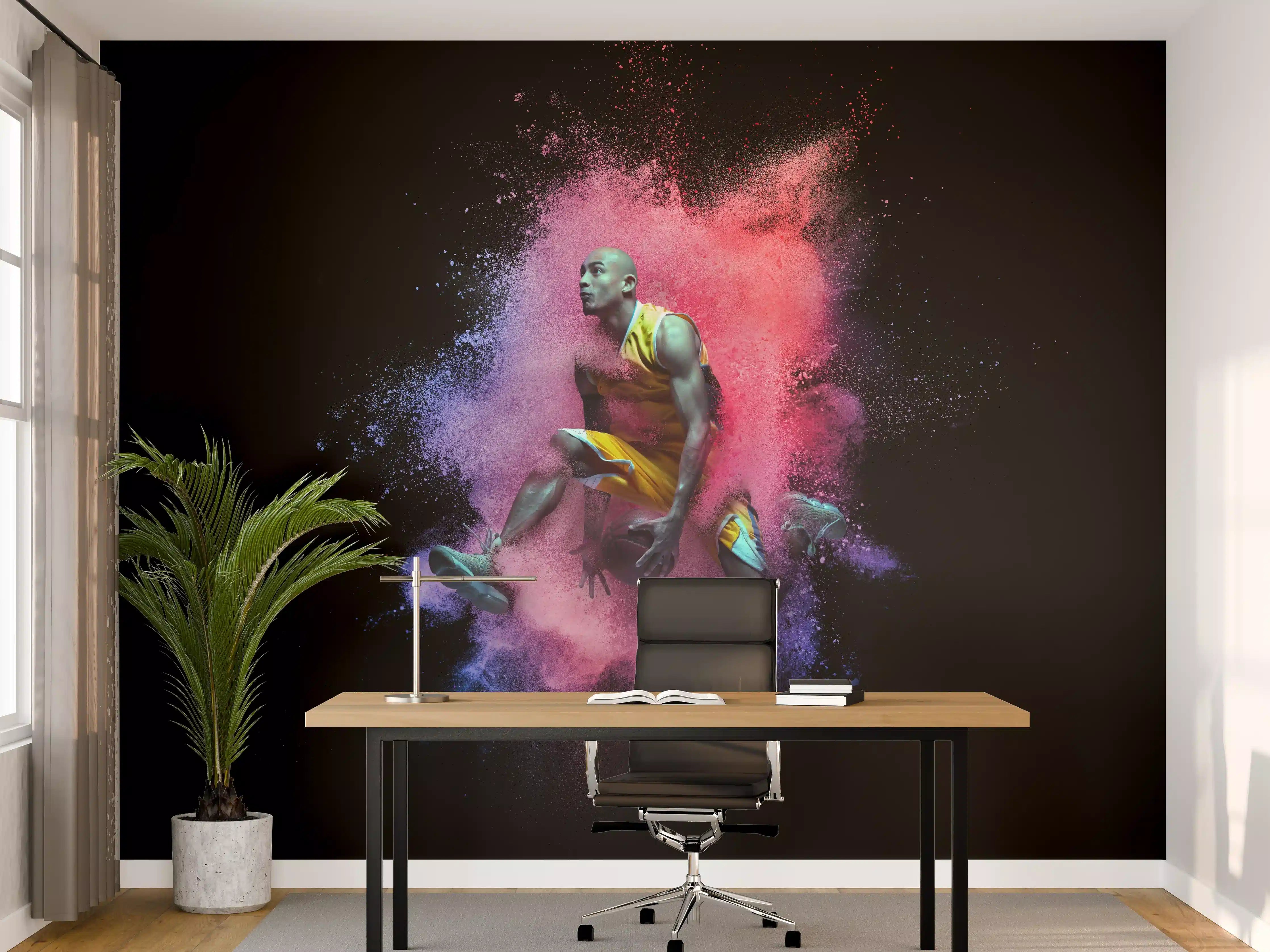Büro Wandgestaltung - Junger Basketballspieler in rötlicher lila Farbexplosion