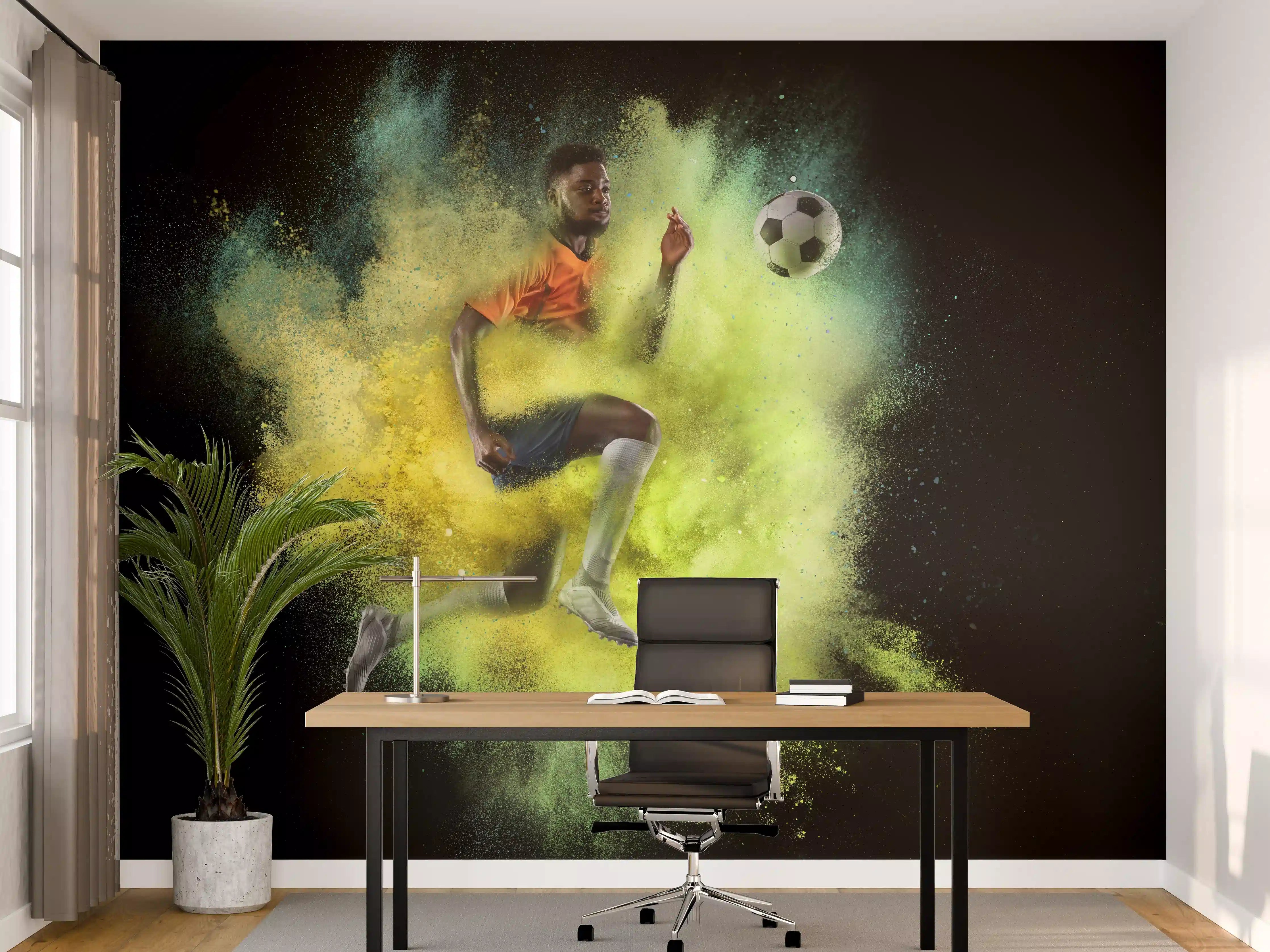 Büro Wandgestaltung - Junger Fußballspieler in Farbexplosion