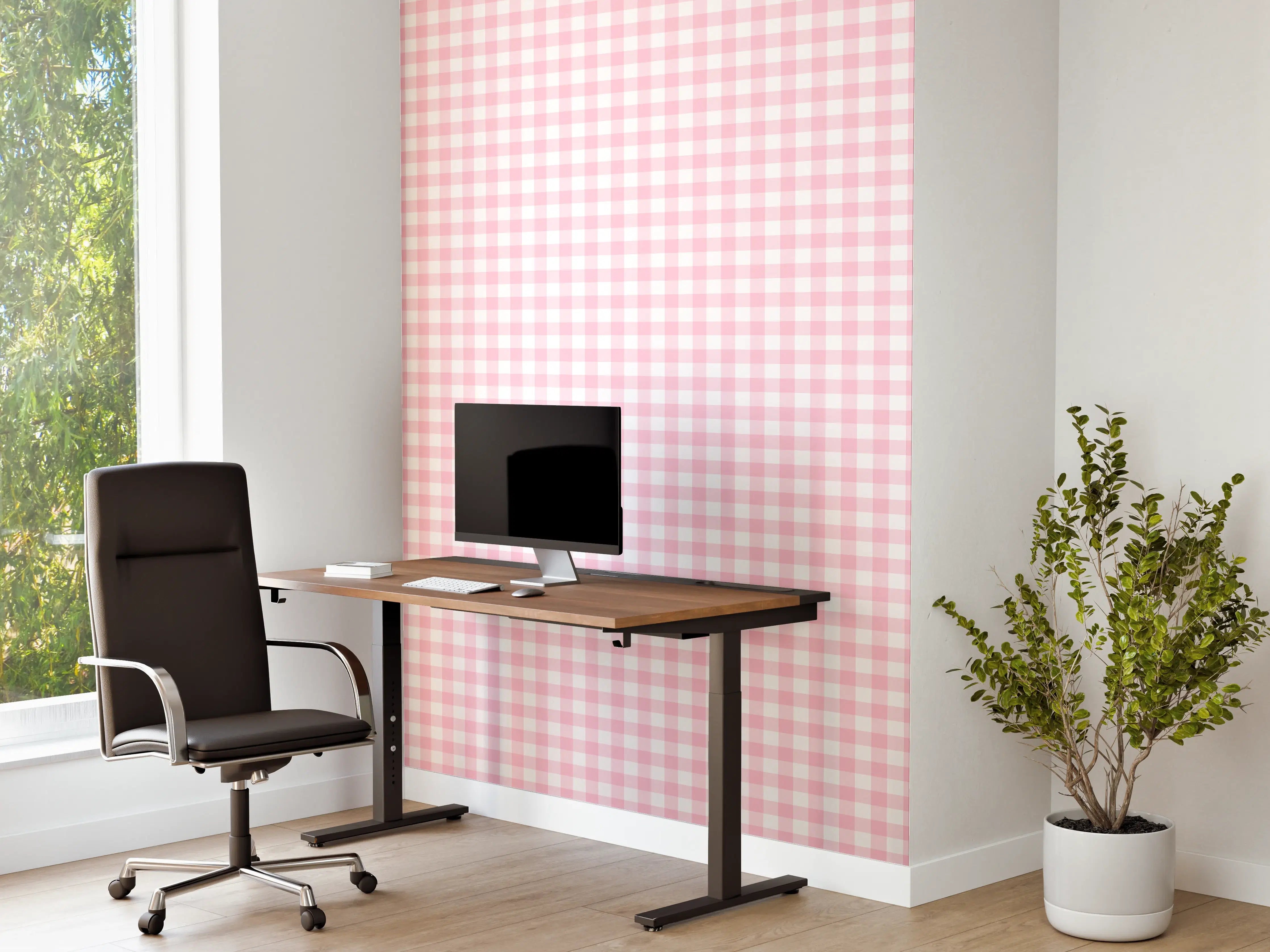 Büro Wandgestaltung - Kariertes Vichy Pastellrosa Muster mit weißem Hintergrund