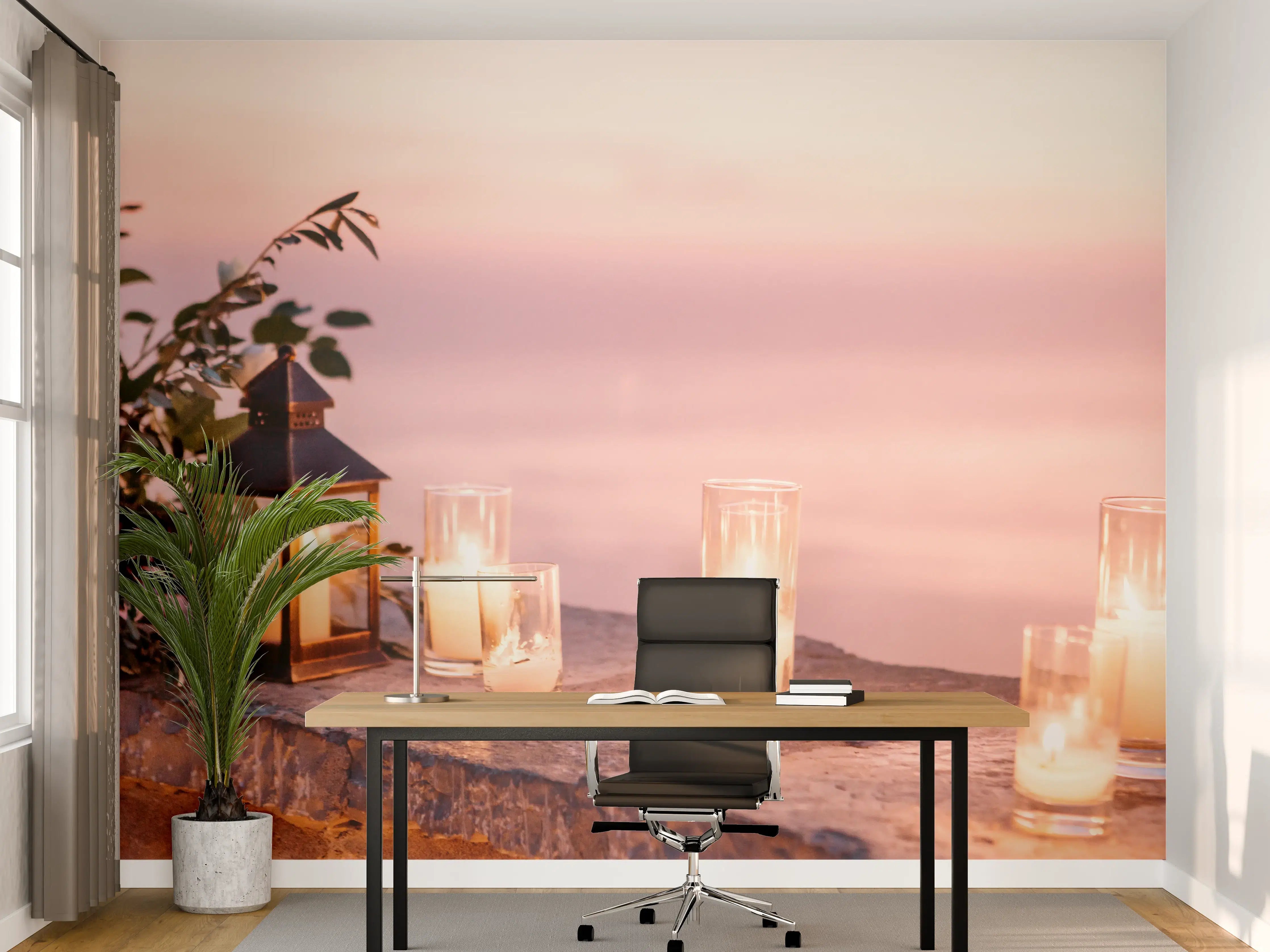 Büro Wandgestaltung - Kerzen und Blumen auf Steinmauer