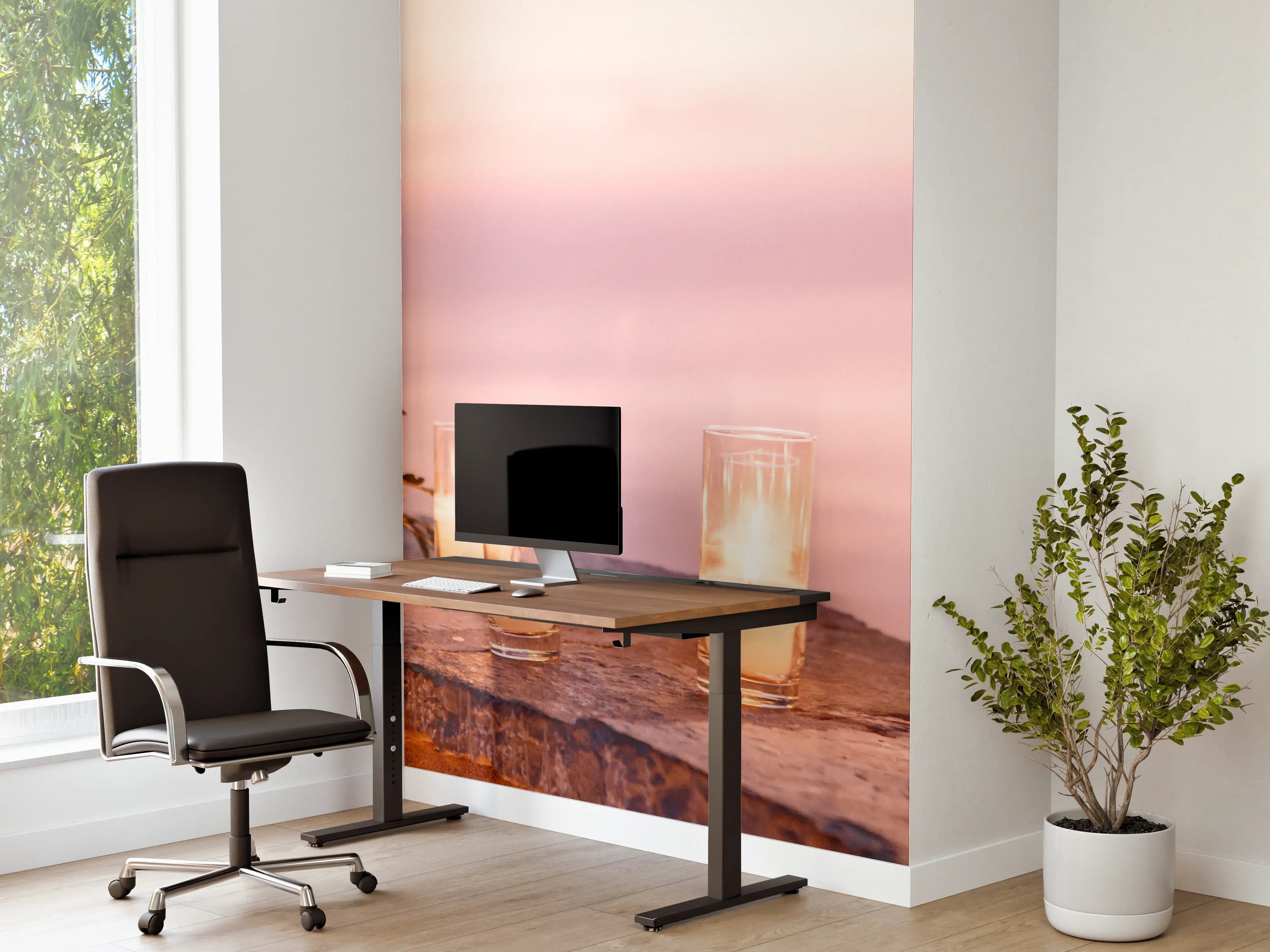 Büro Wandgestaltung - Kerzen und Blumen auf Steinmauer