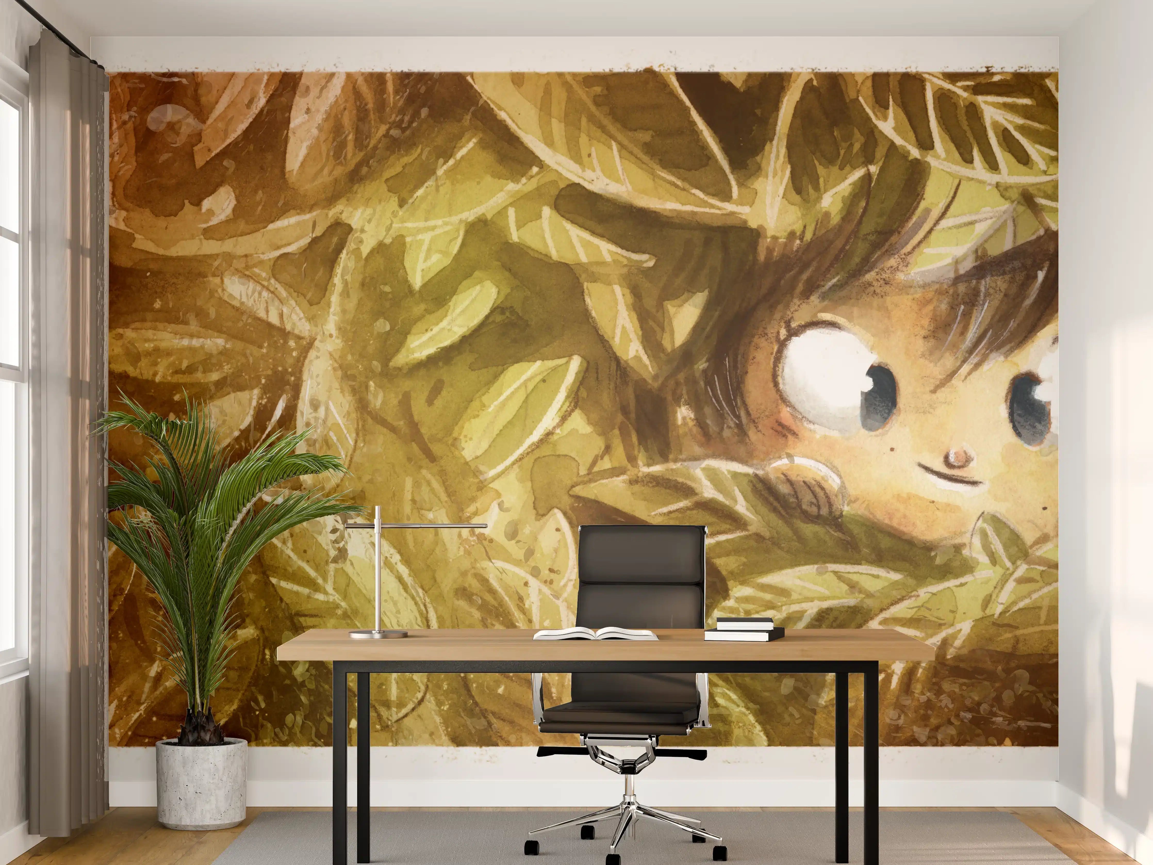 Büro Wandgestaltung - Kind versteckt sich zwischen den Blättern im Wald