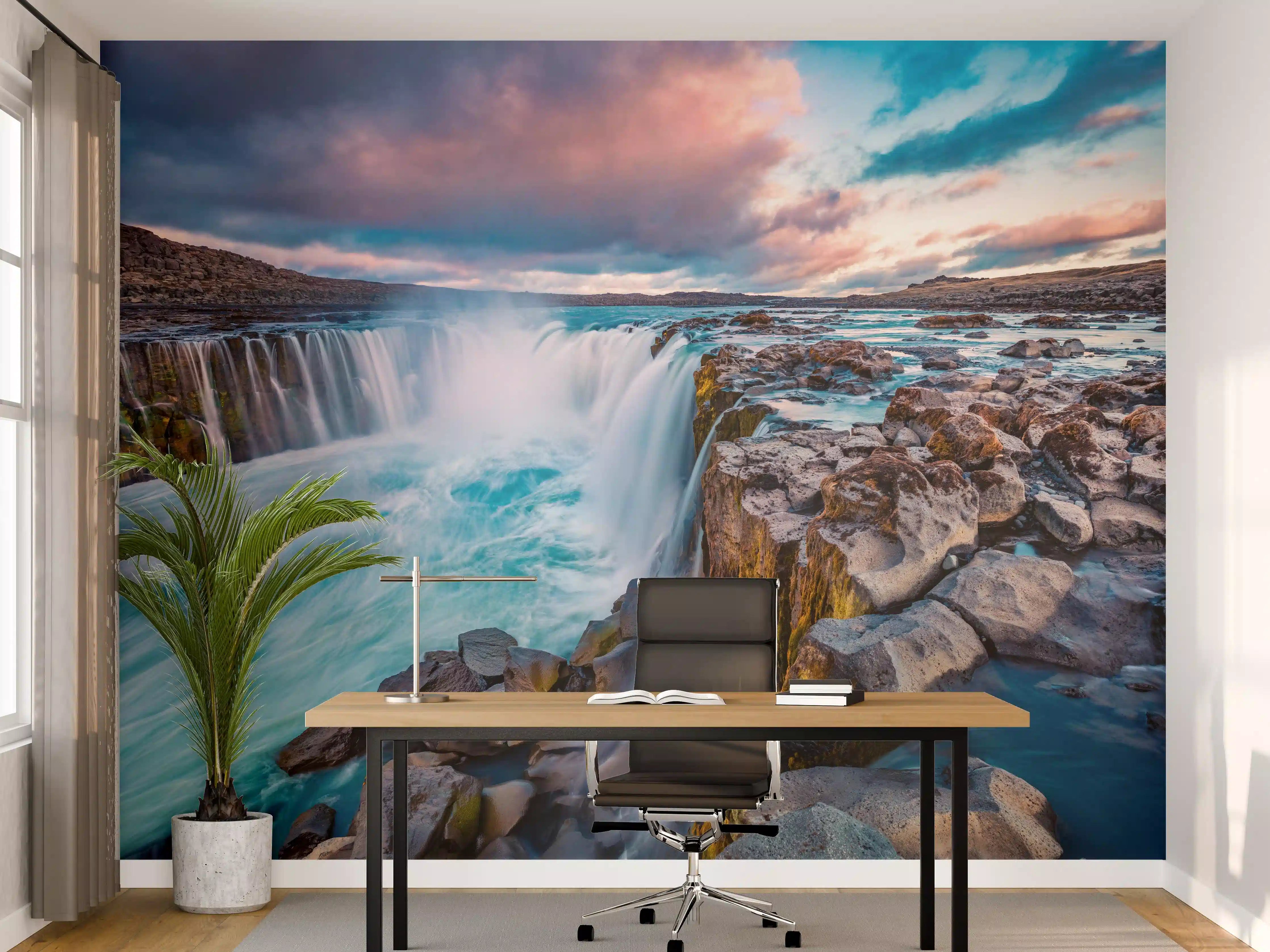 Büro Wandgestaltung - Kraftvolle Sommeransicht des Selfoss-Wasserfalls