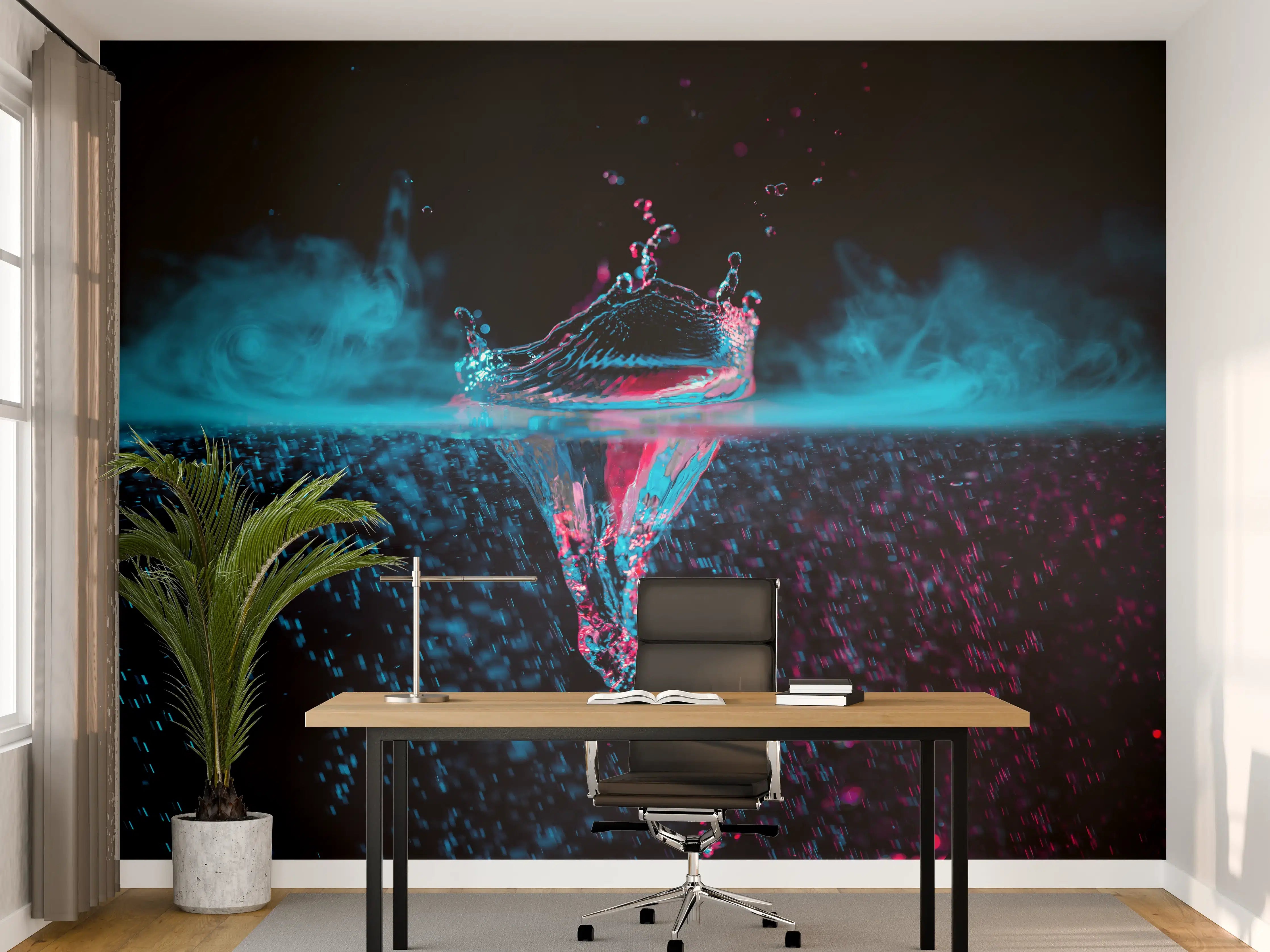 Büro Wandgestaltung - Krone Wasserspritzer mit blauem Rauch über Wasser