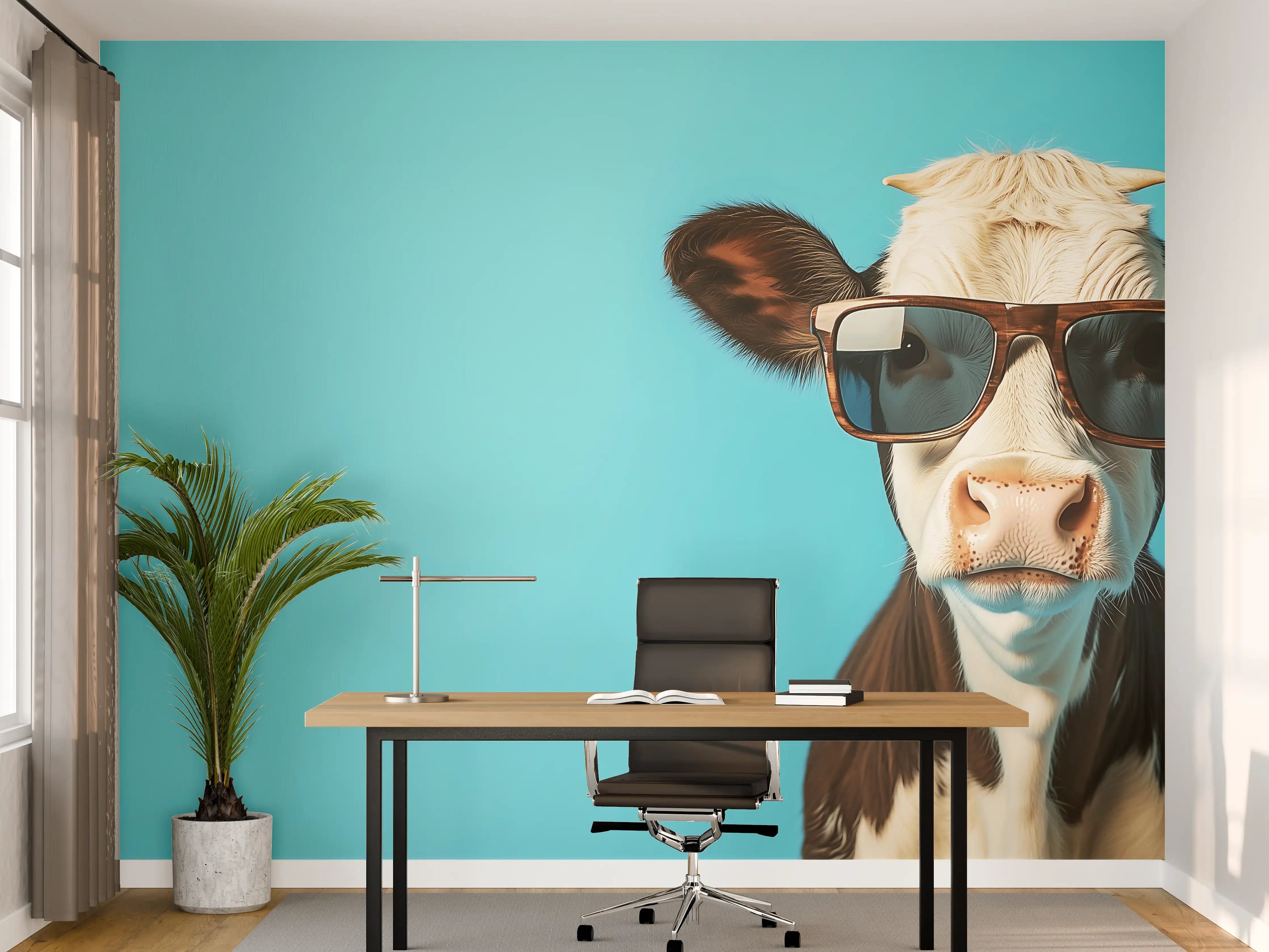 Büro Wandgestaltung - Kuh mit Sonnenbrille, Türkis