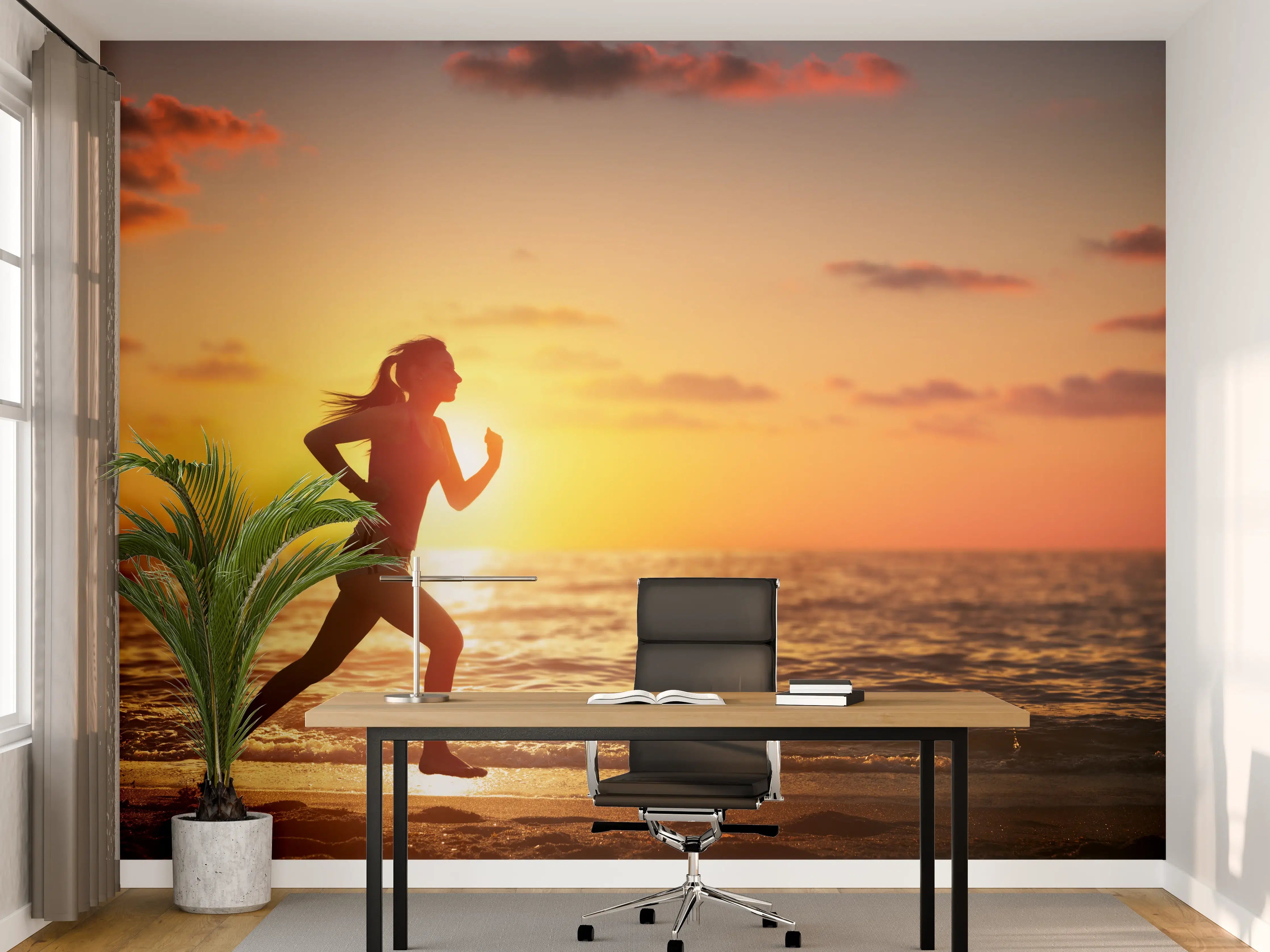 Büro Wandgestaltung - Läuferin am Strand im Sonnnenuntergang