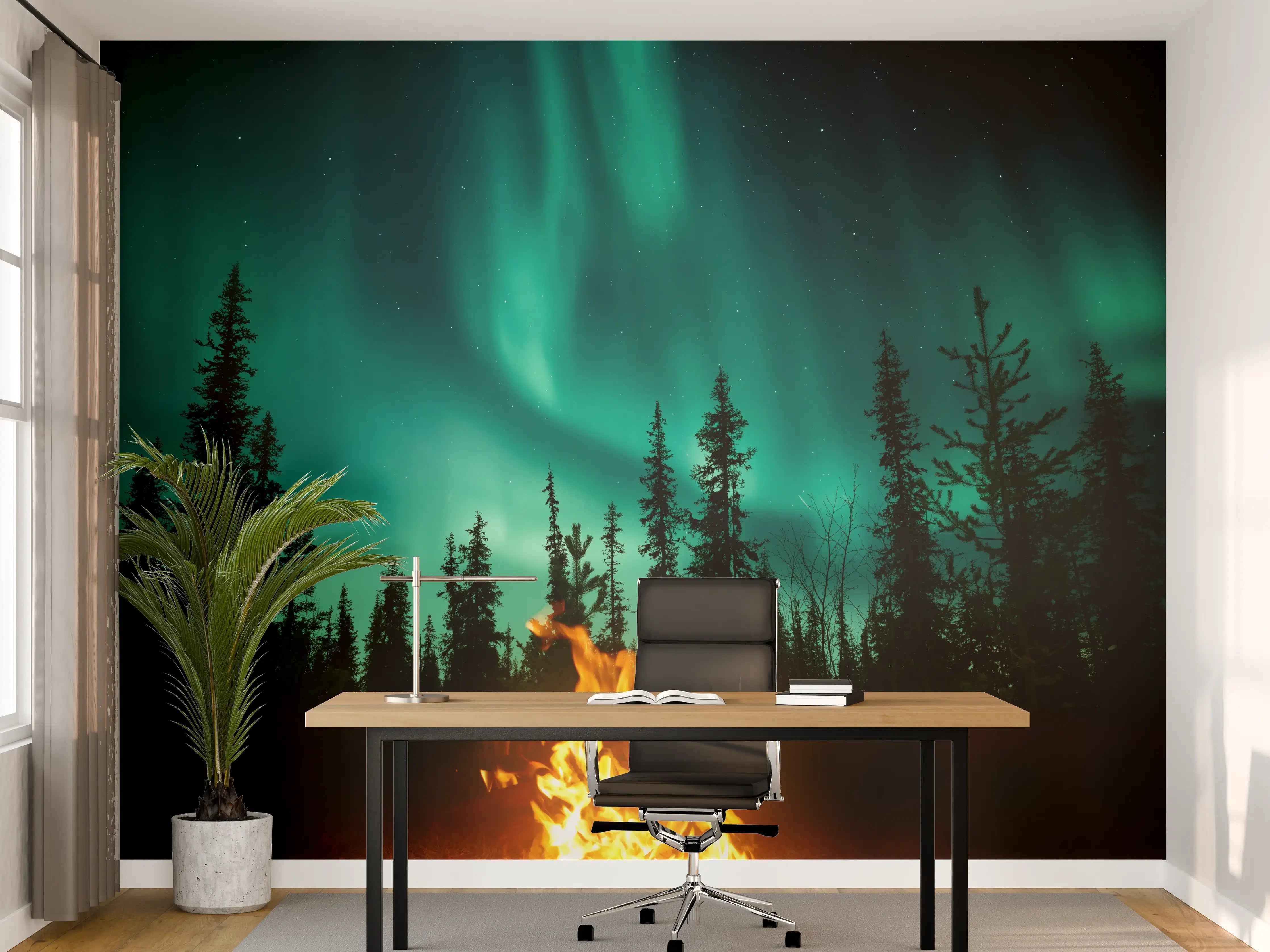 Büro Wandgestaltung - Lagerfeuer mit Nordlichtern in den Wäldern Schwedens