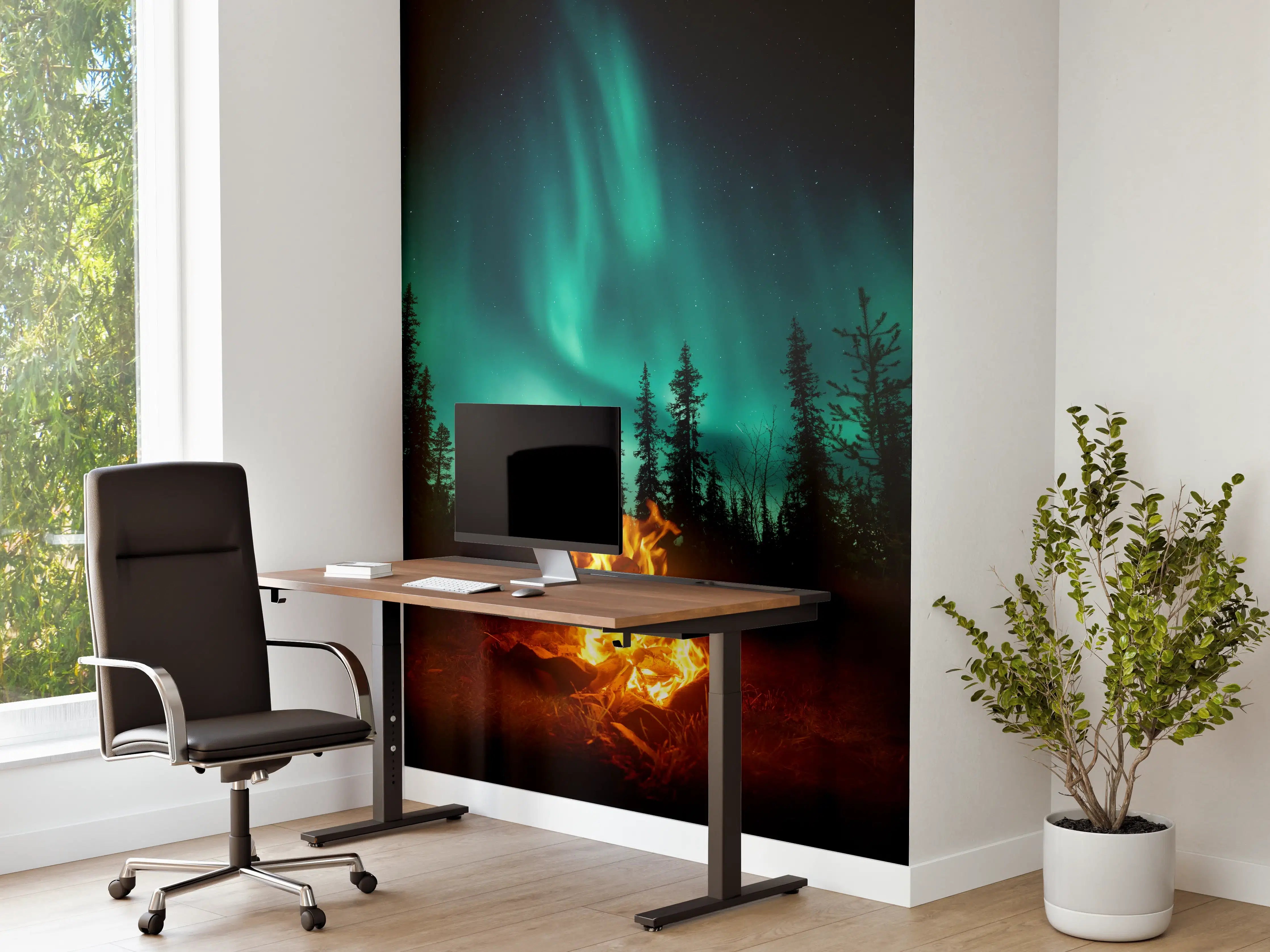 Büro Wandgestaltung - Lagerfeuer mit Nordlichtern in den Wäldern Schwedens