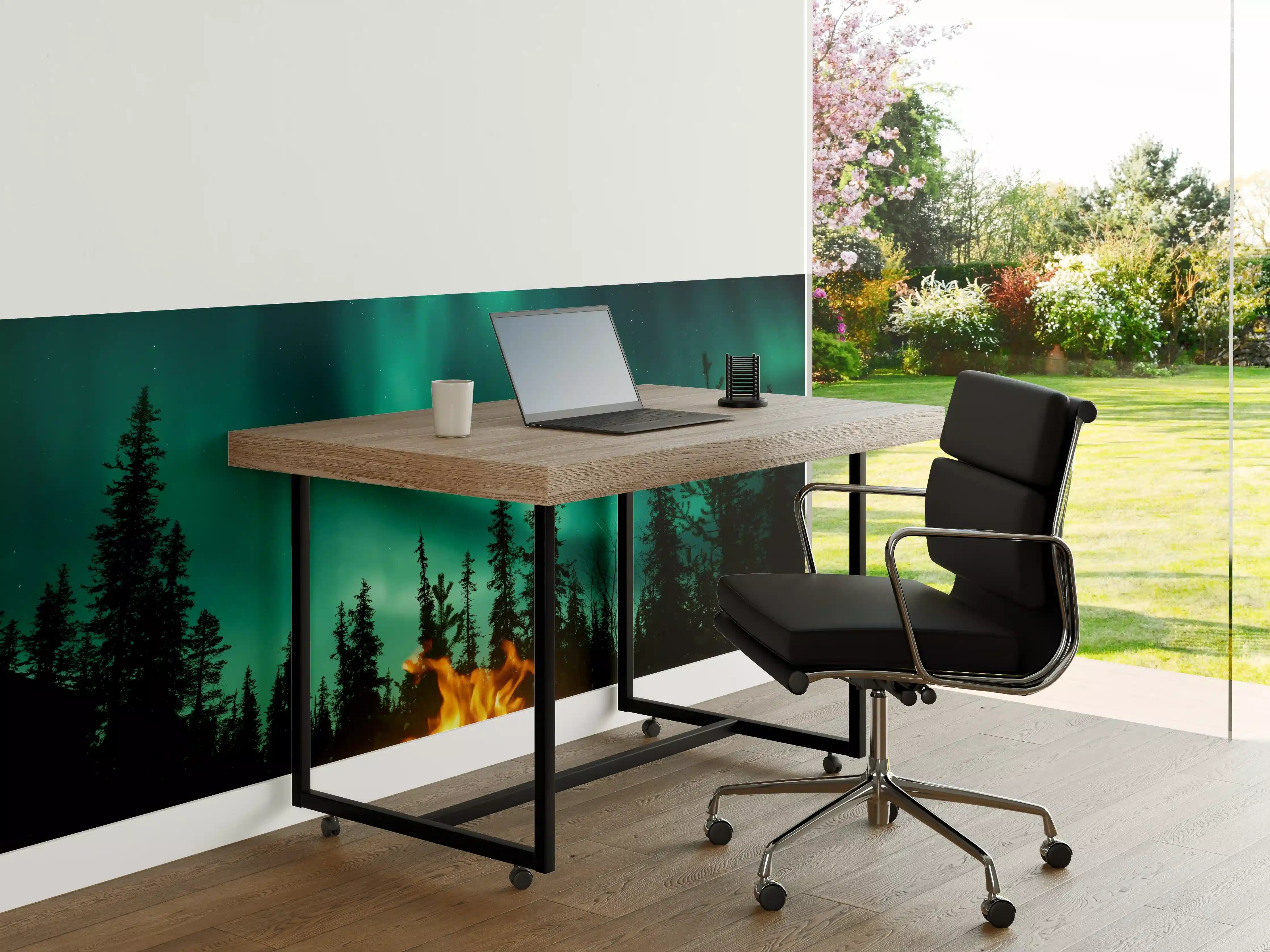 Büro Wandgestaltung - Lagerfeuer mit Nordlichtern in den Wäldern Schwedens