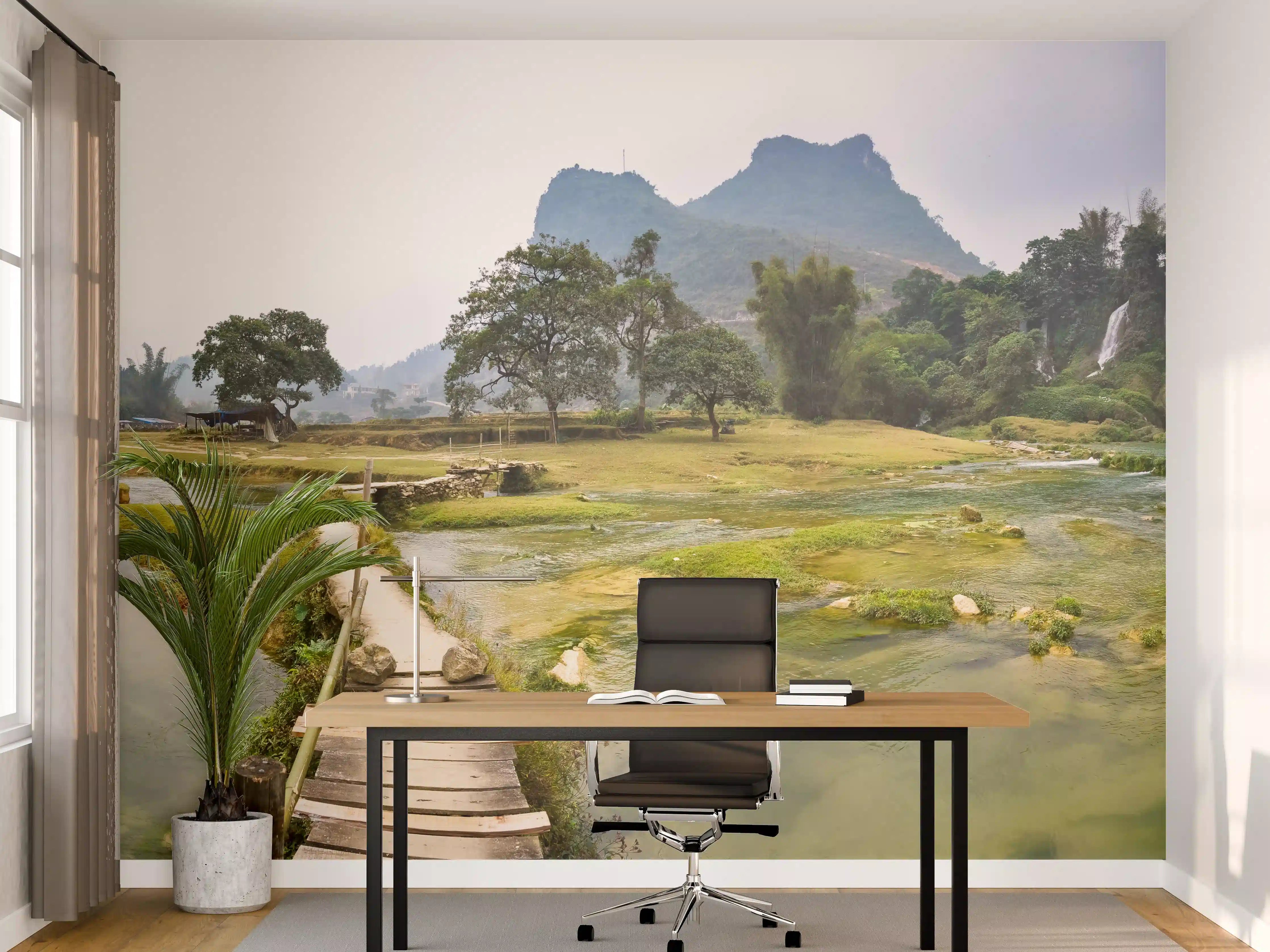 Büro Wandgestaltung - Landschaft mit Wasserfällen und grüner Natur