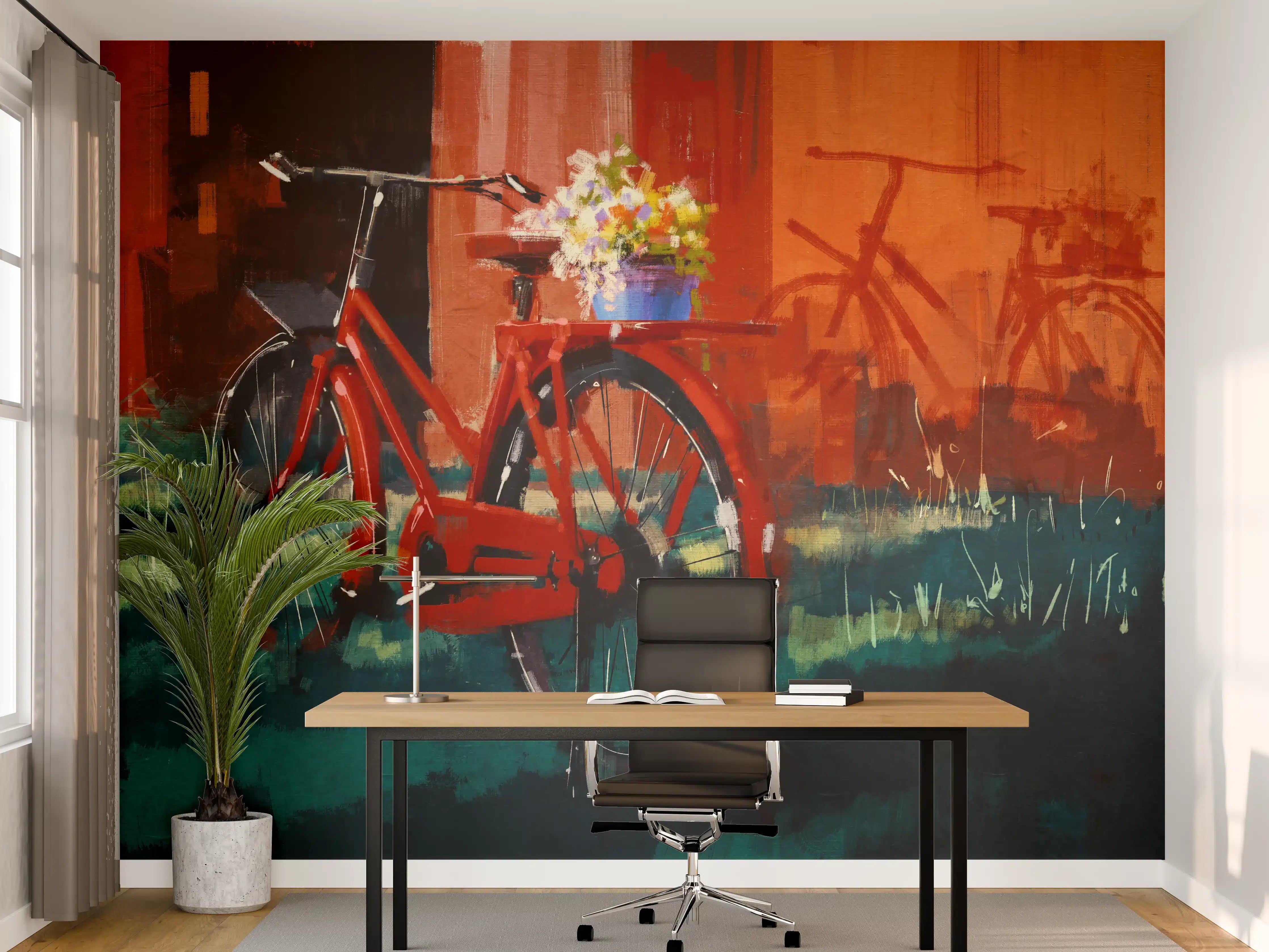 Büro Wandgestaltung - Lebendige Fahrrad- und Blumenkomposition