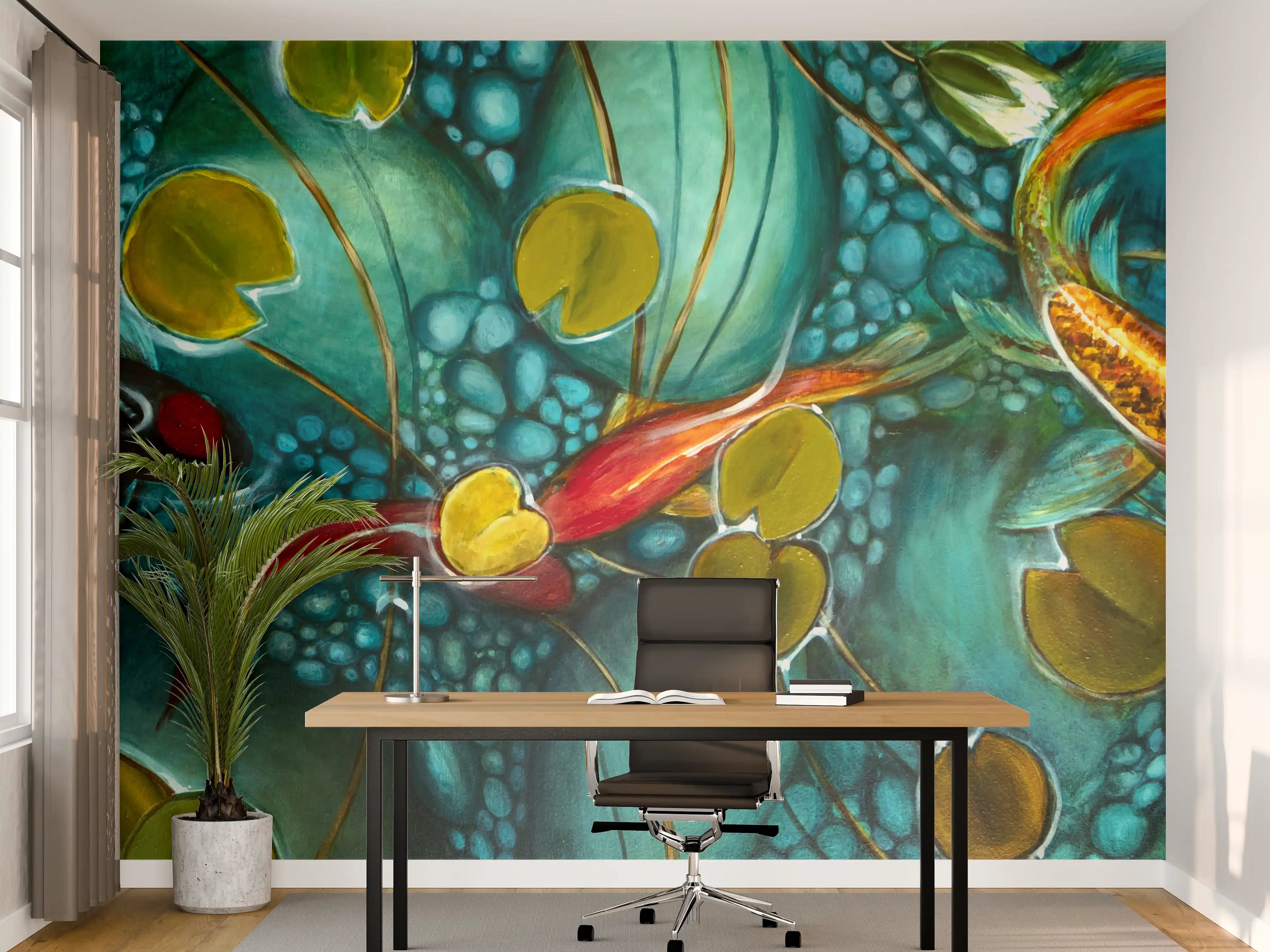 Büro Wandgestaltung - Lebendige Unterwasserwelt mit Koi-Fischen