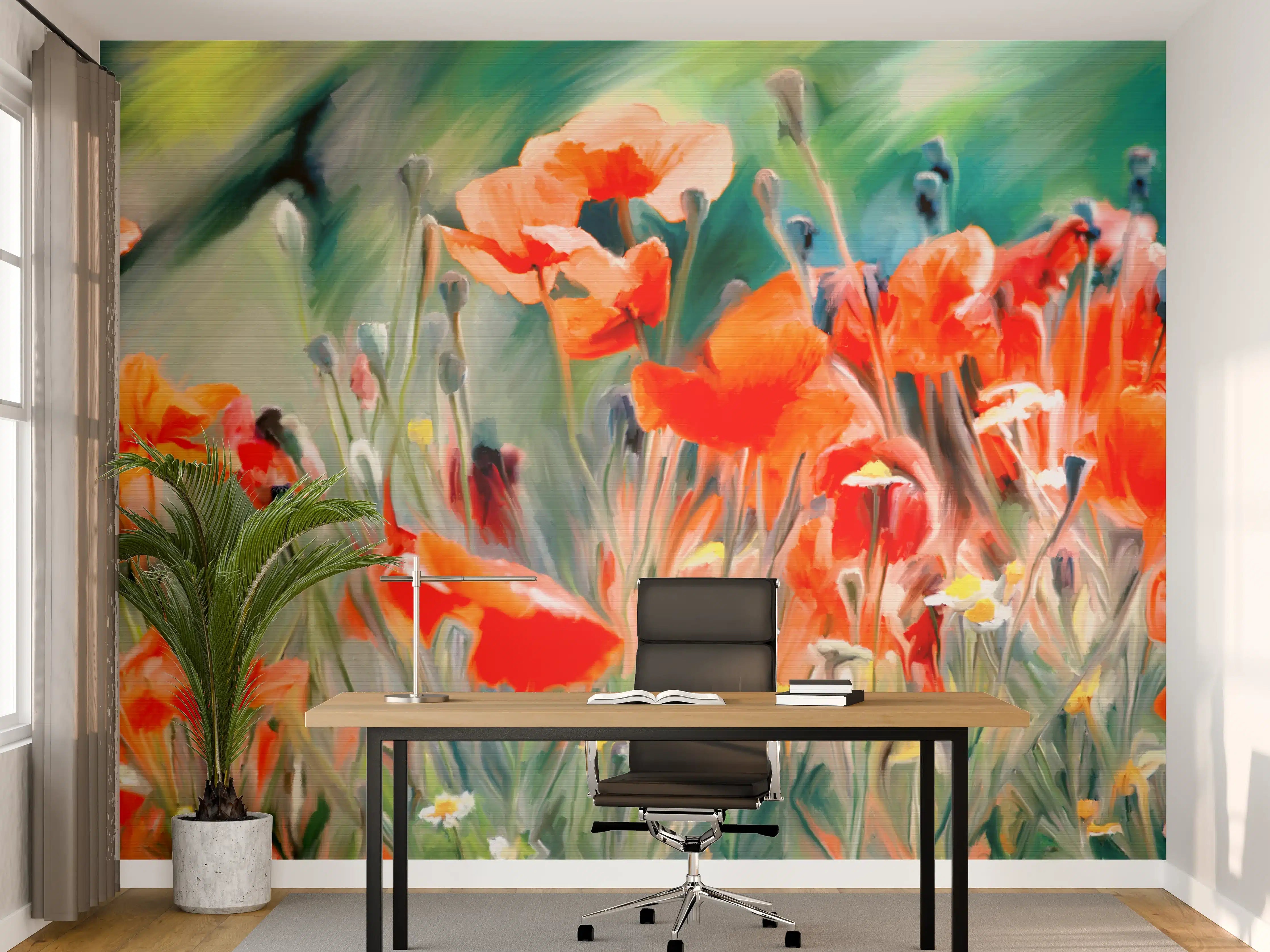 Büro Wandgestaltung - Leuchtende Mohnblumen in frischem Grün