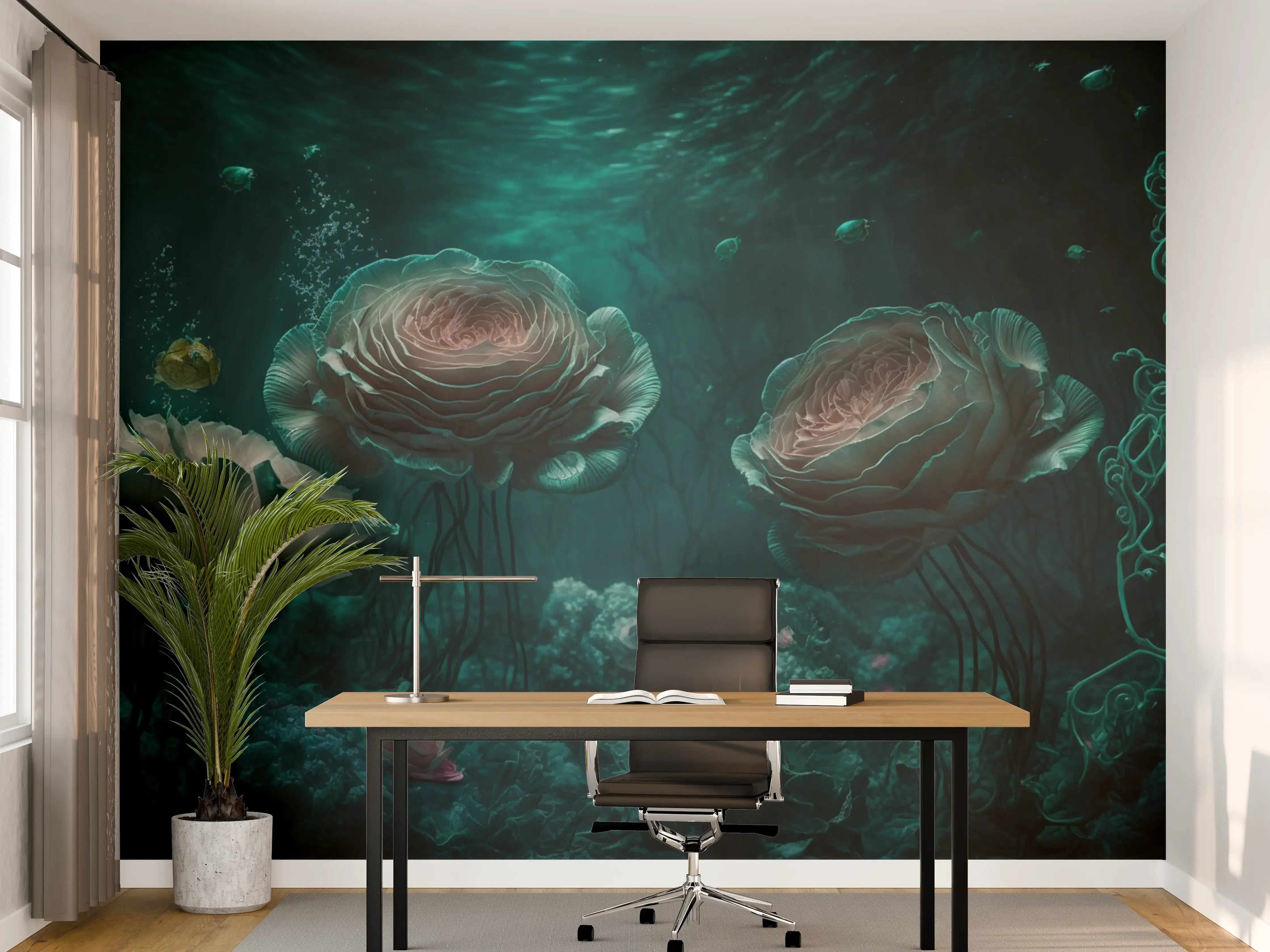 Büro Wandgestaltung - Leuchtende Quallen im Grauweißmeer