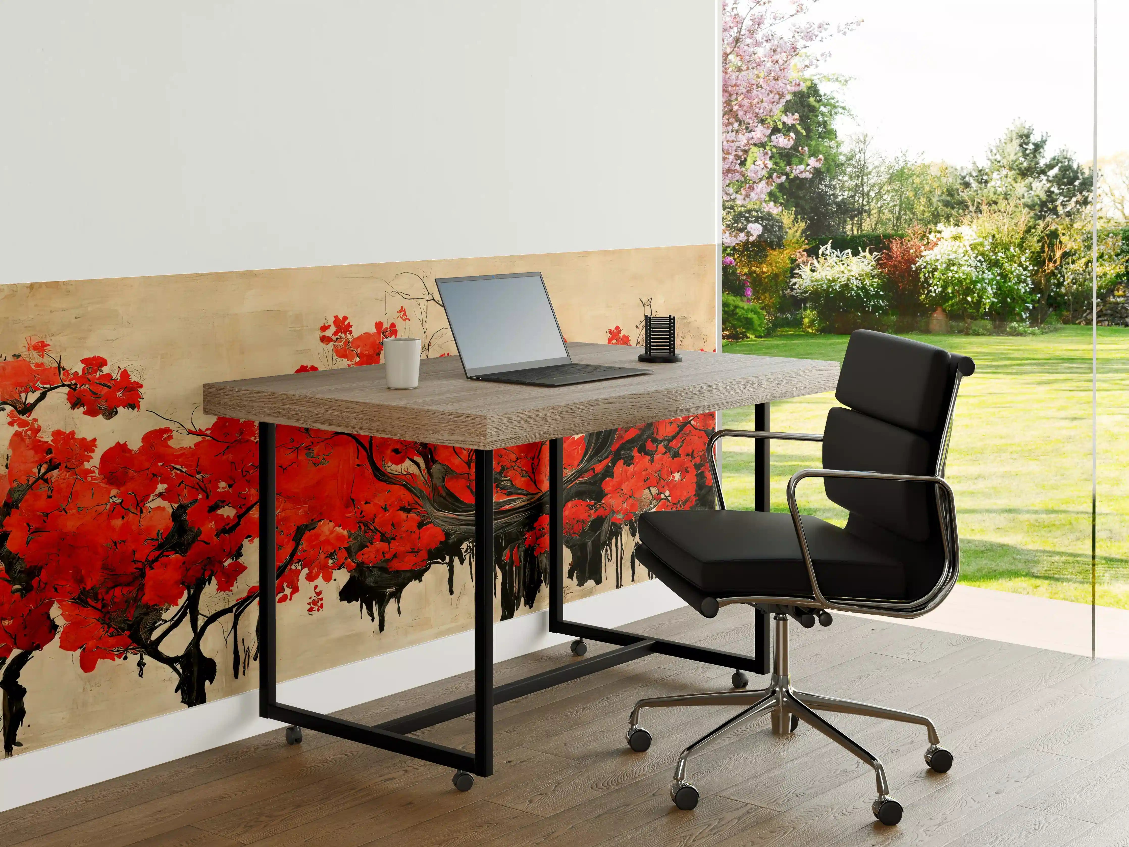 Büro Wandgestaltung - Leuchtende rote Kirschblüten mit Sonnenuntergang