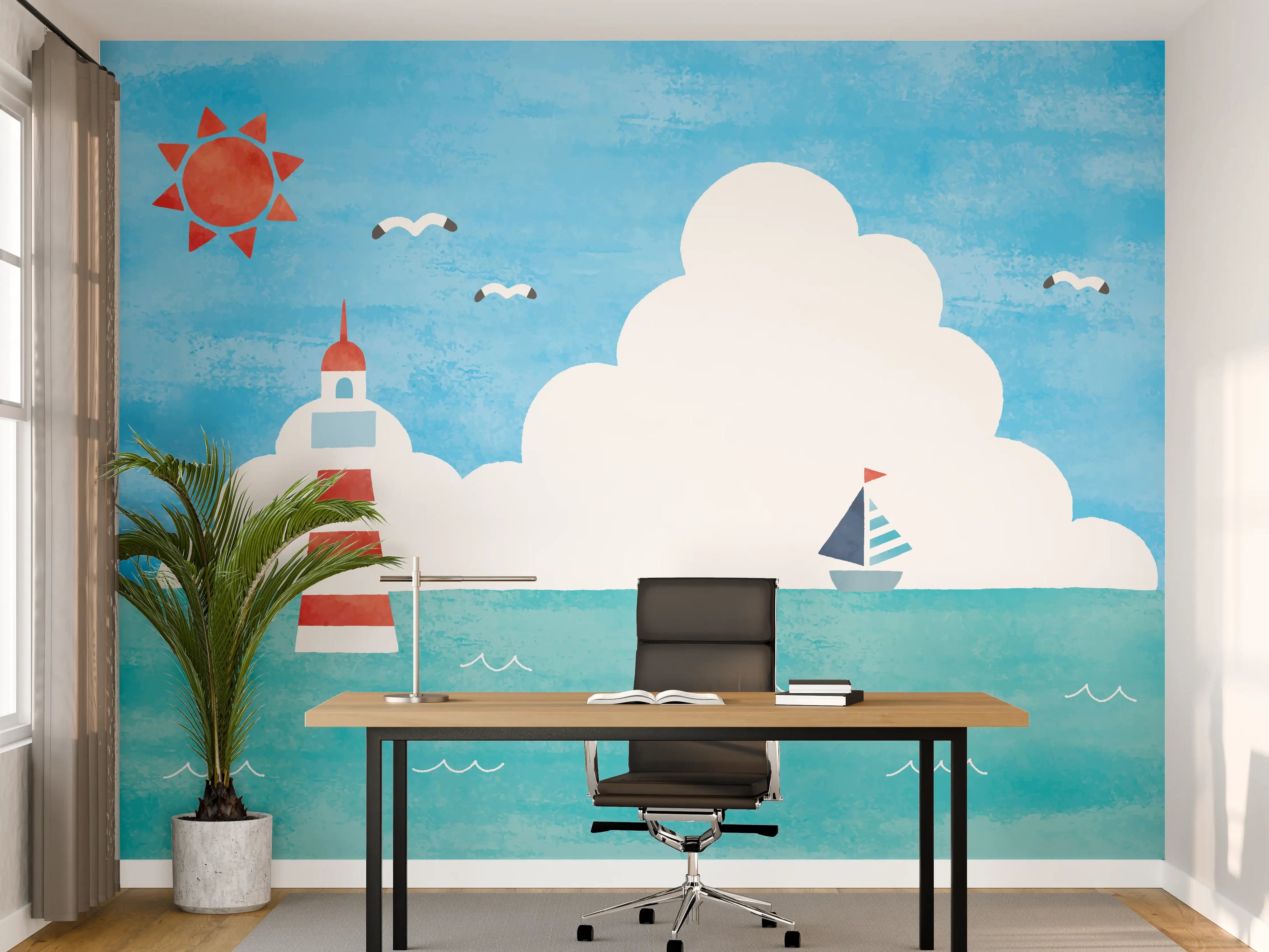Büro Wandgestaltung - Leuchtturm Aquarell Meer