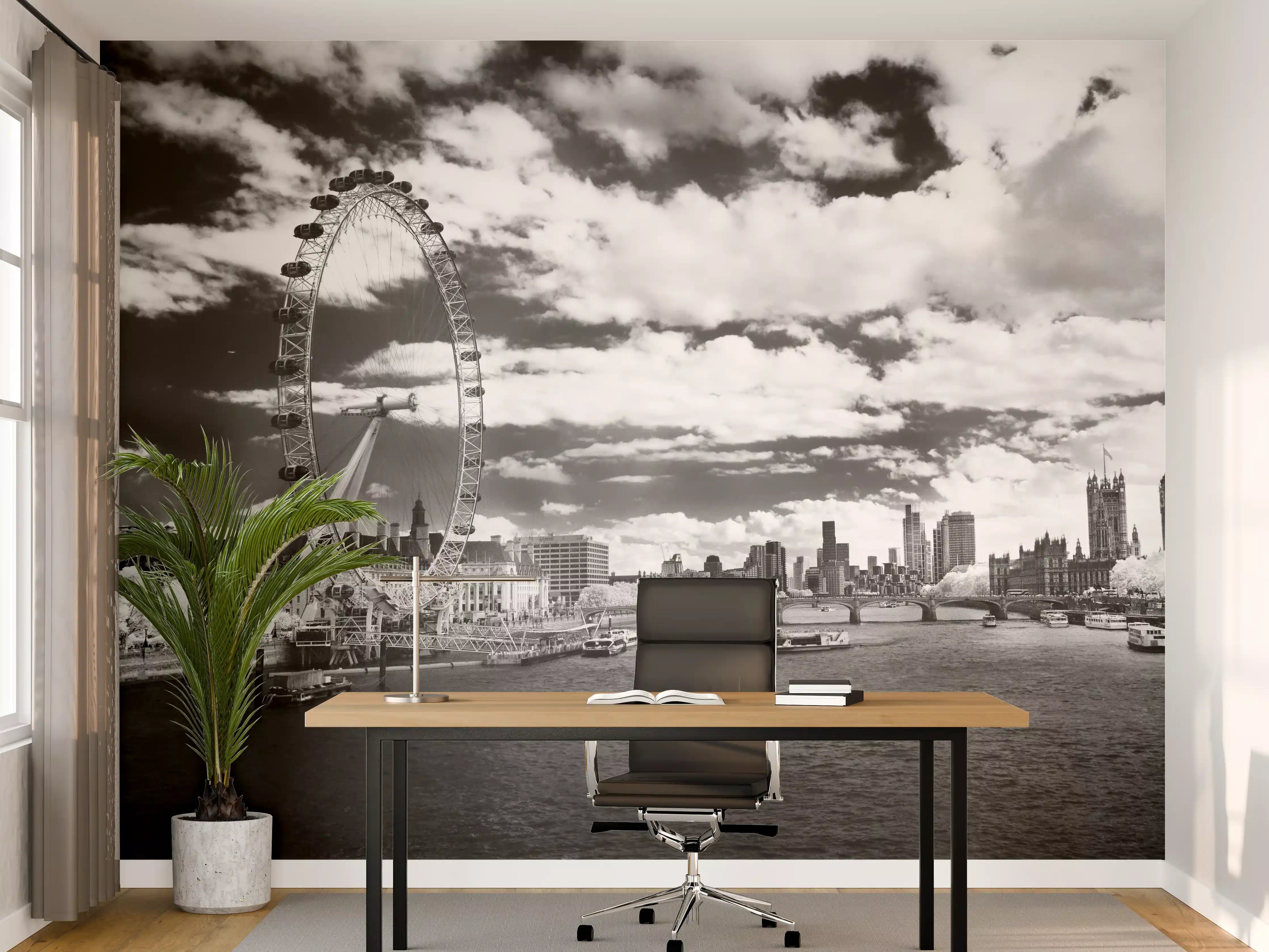 Büro Wandgestaltung - London Eye und City Skyline in Schwarzweiß
