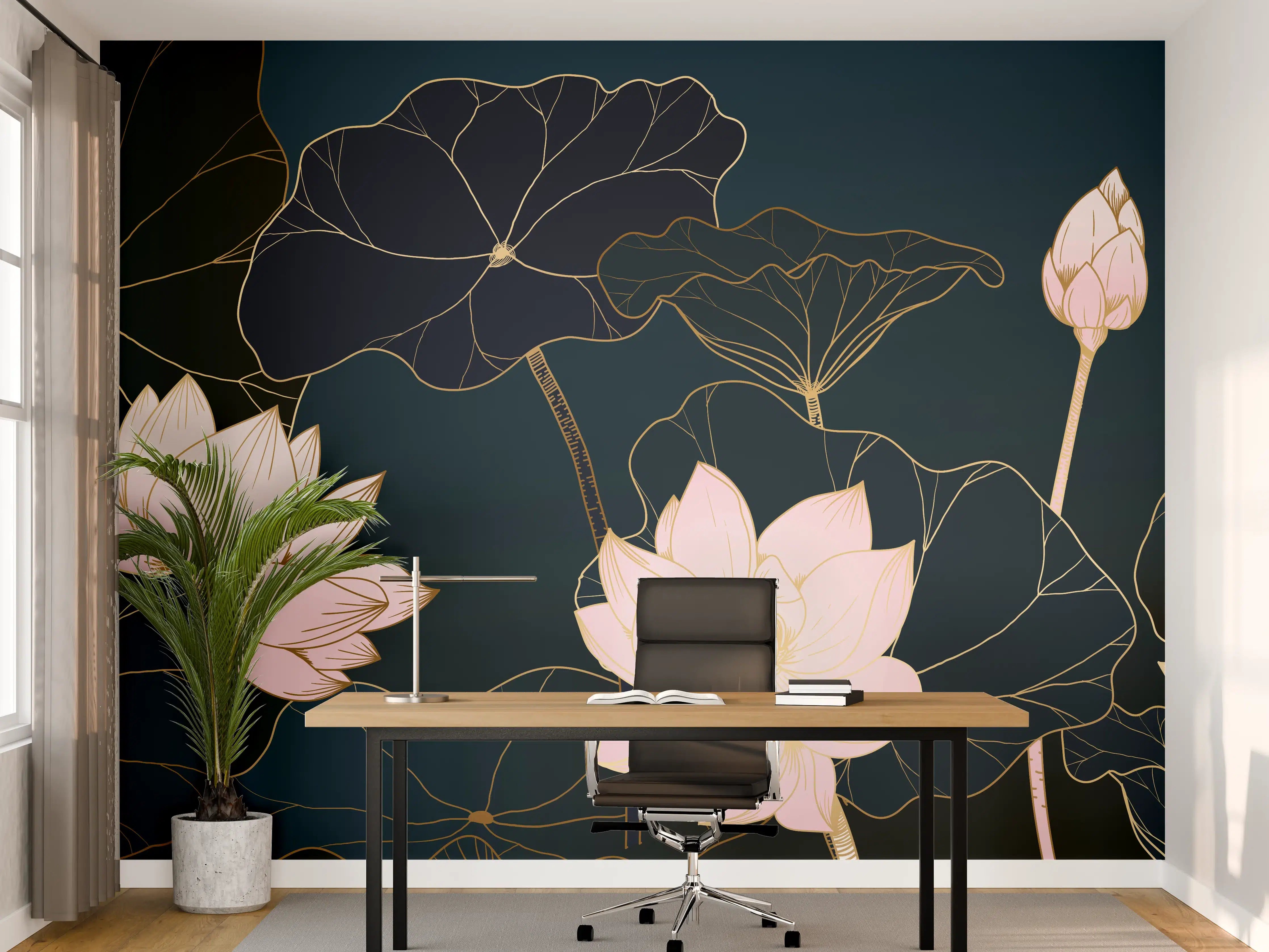 Büro Wandgestaltung - Lotusblüten Nachtblau Illustration