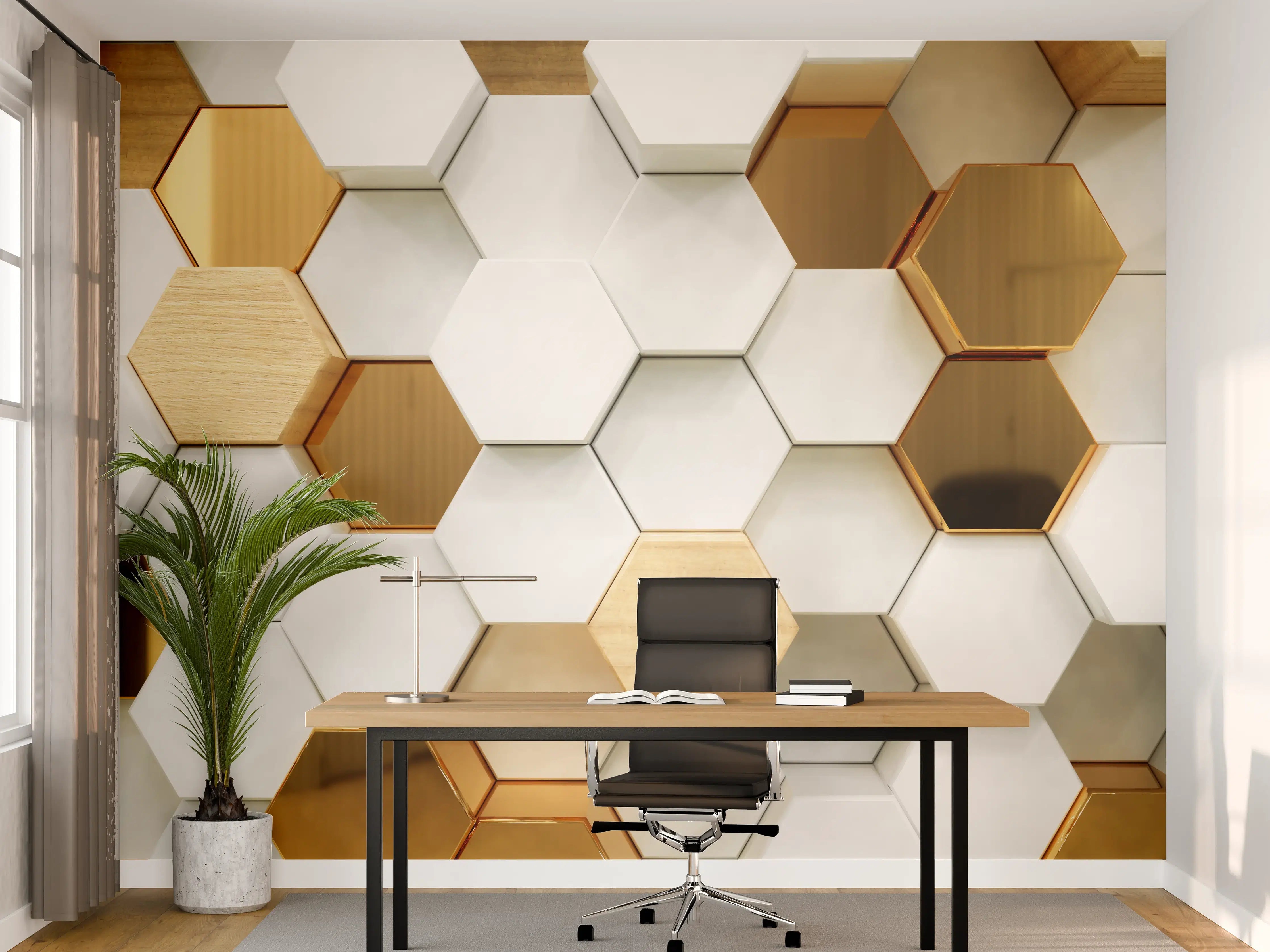 Büro Wandgestaltung - Luxuriöser Weiß-Gold-Hexagon-Hintergrund