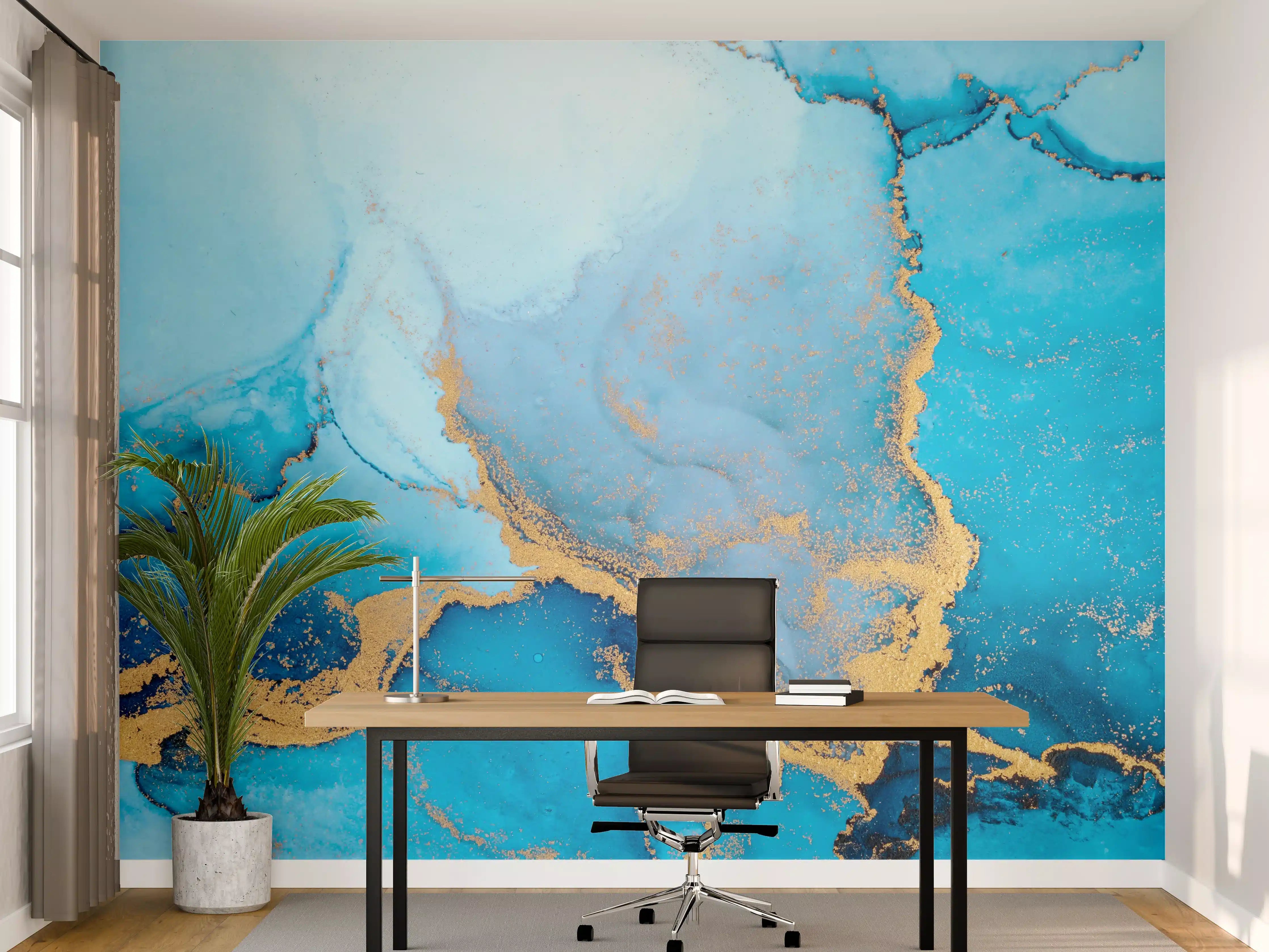 Büro Wandgestaltung - Luxus blau mit goldenem Stich - Tintenmalerei