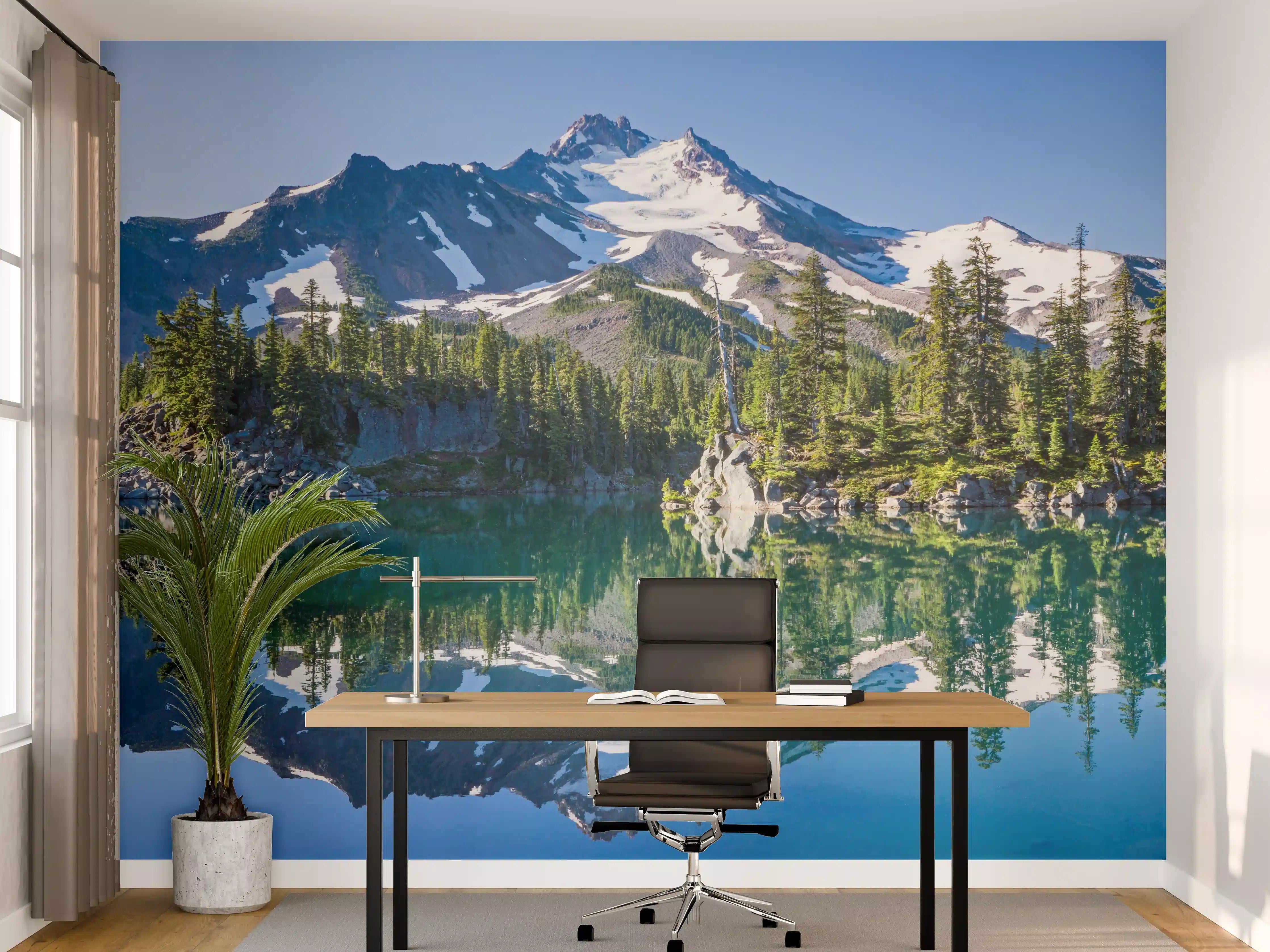 Büro Wandgestaltung - Majestätische Berglandschaft mitSee und Wälder