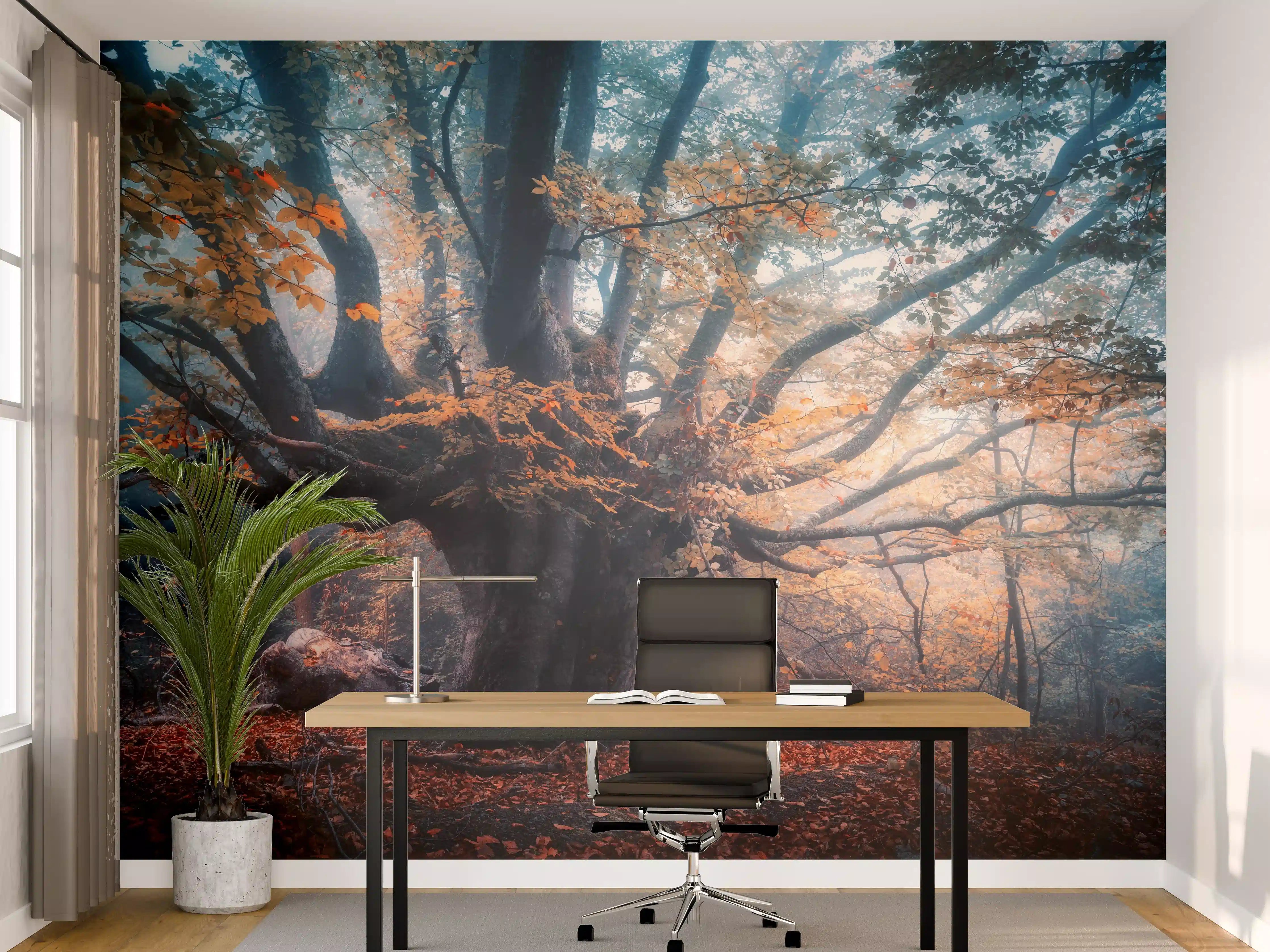 Büro Wandgestaltung - Majestischer Baum im Nebelwald