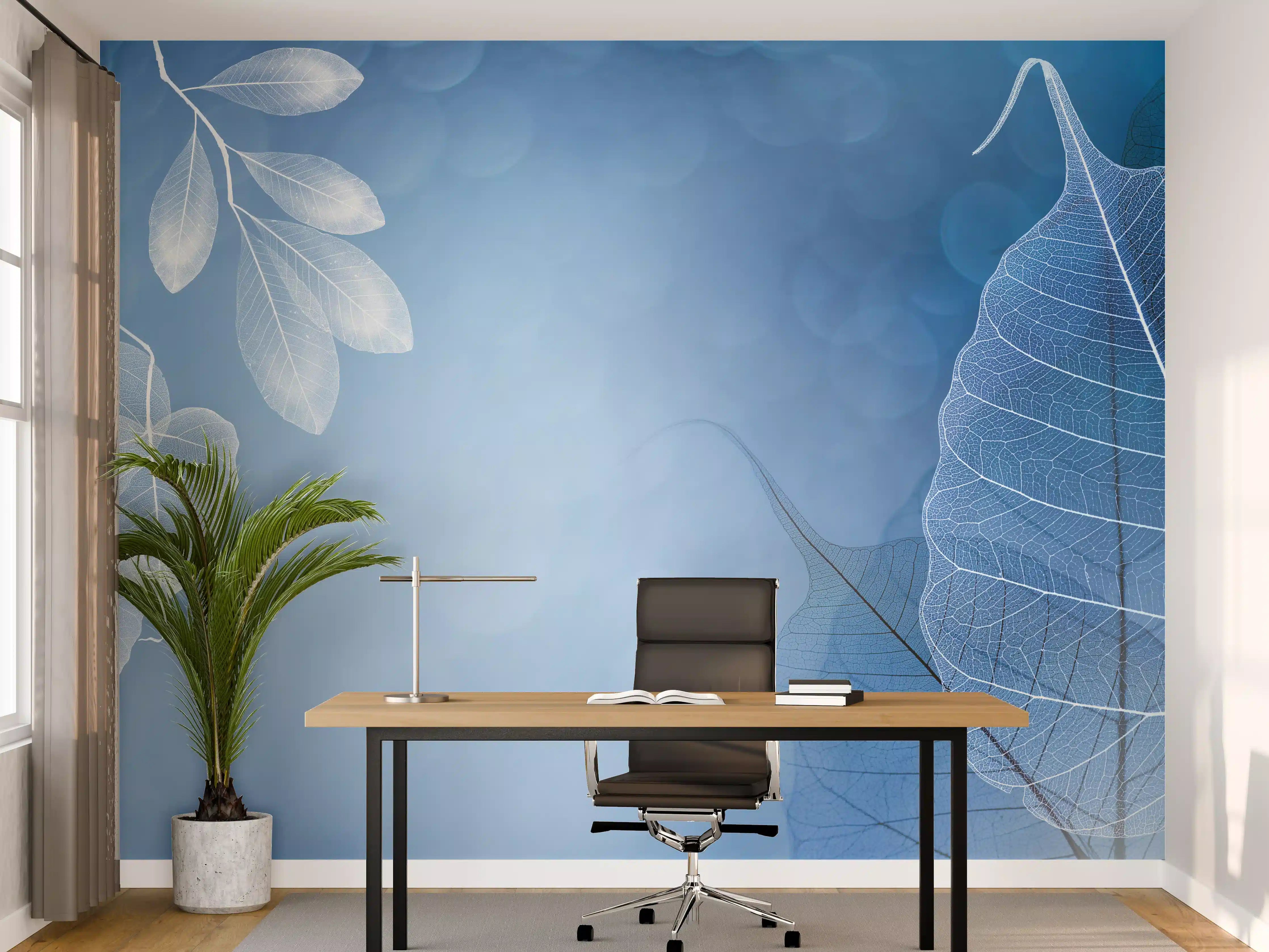 Büro Wandgestaltung - Makro Blätter Blau-Grau Kunst