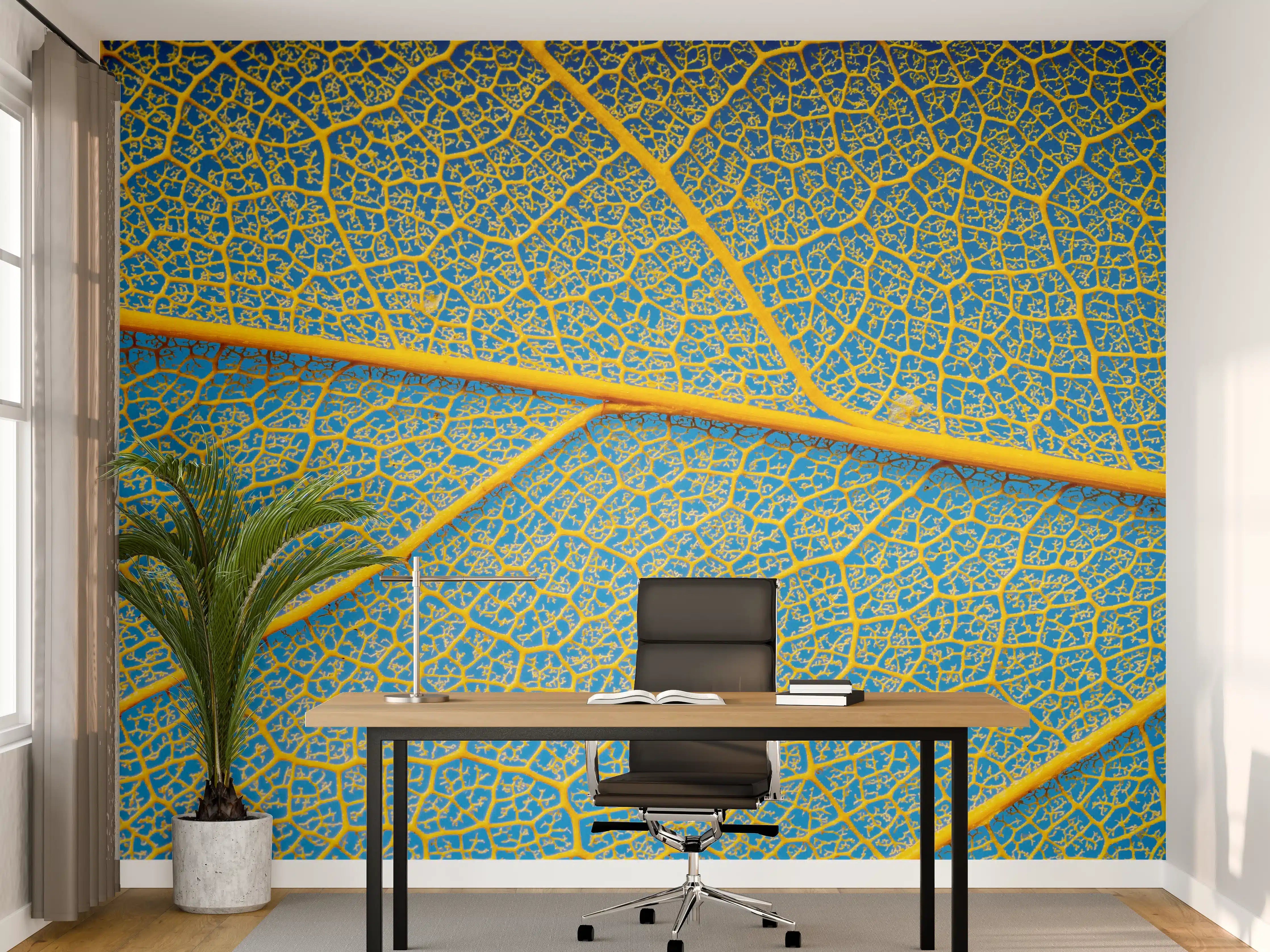 Büro Wandgestaltung - Makro Blattadern Textur Gelb-Blau