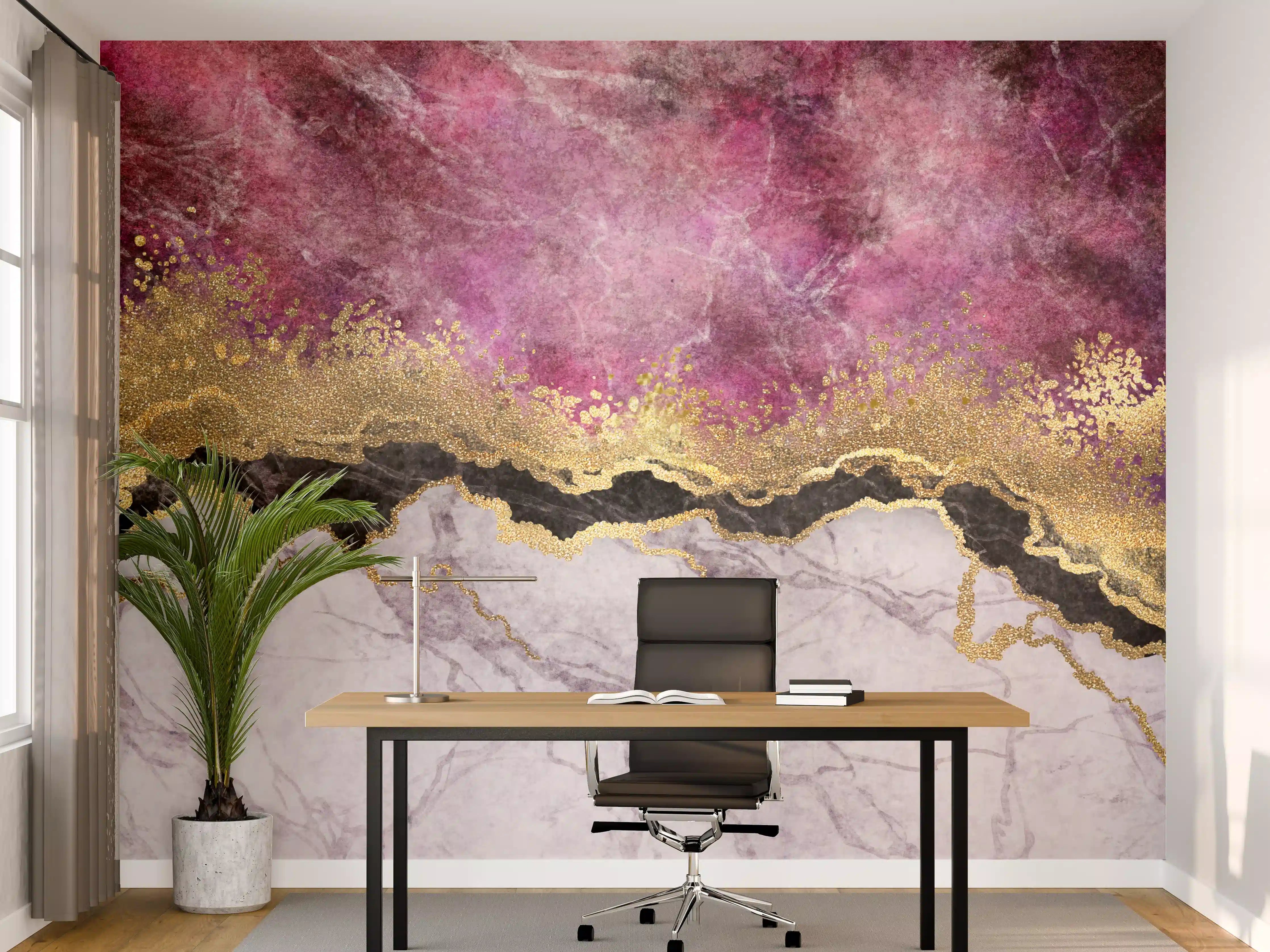 Büro Wandgestaltung - Marble and Gold Texture with Pink Accents