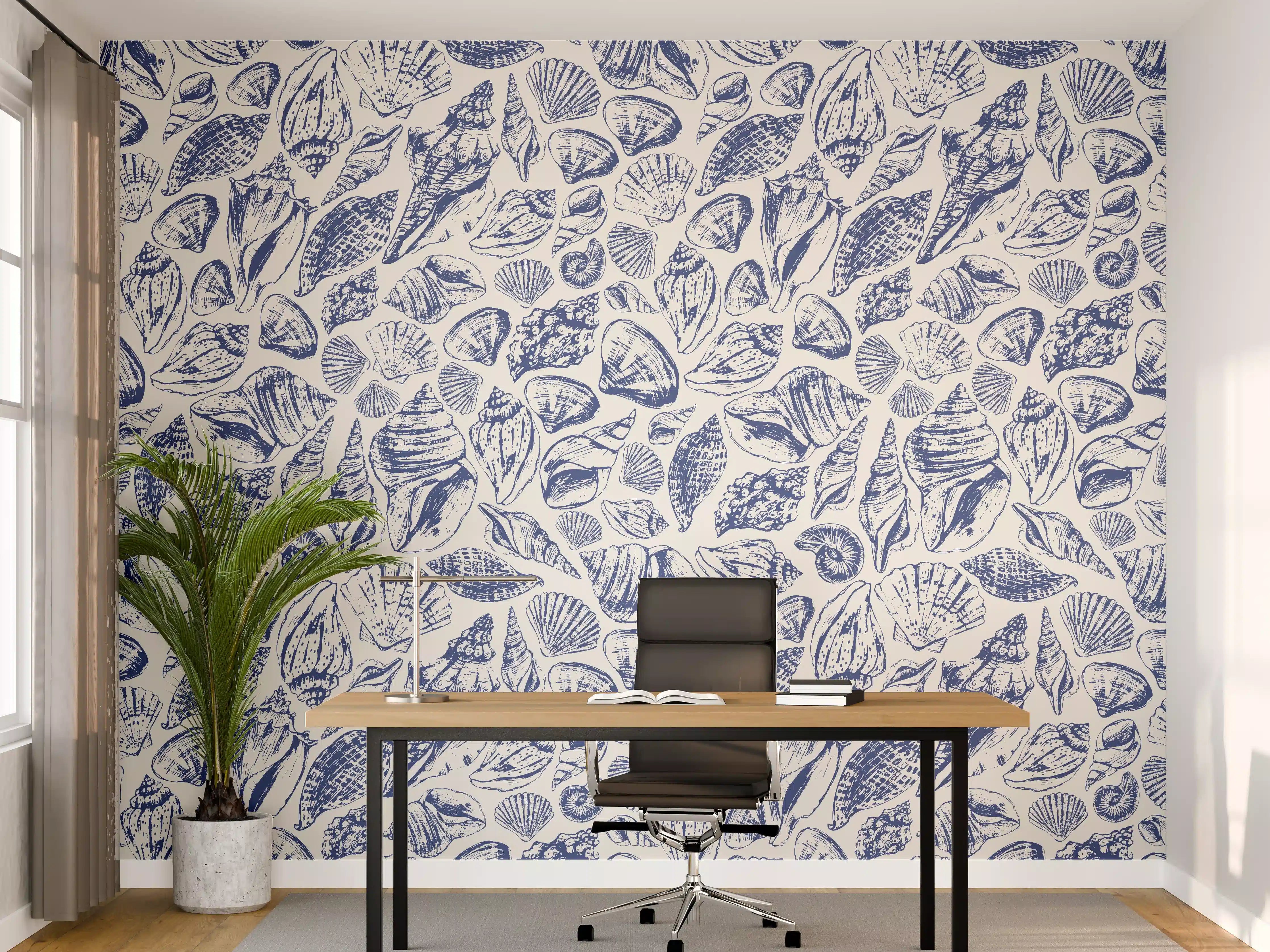 Büro Wandgestaltung - Maritimes Muschelmuster Blau-Weiß