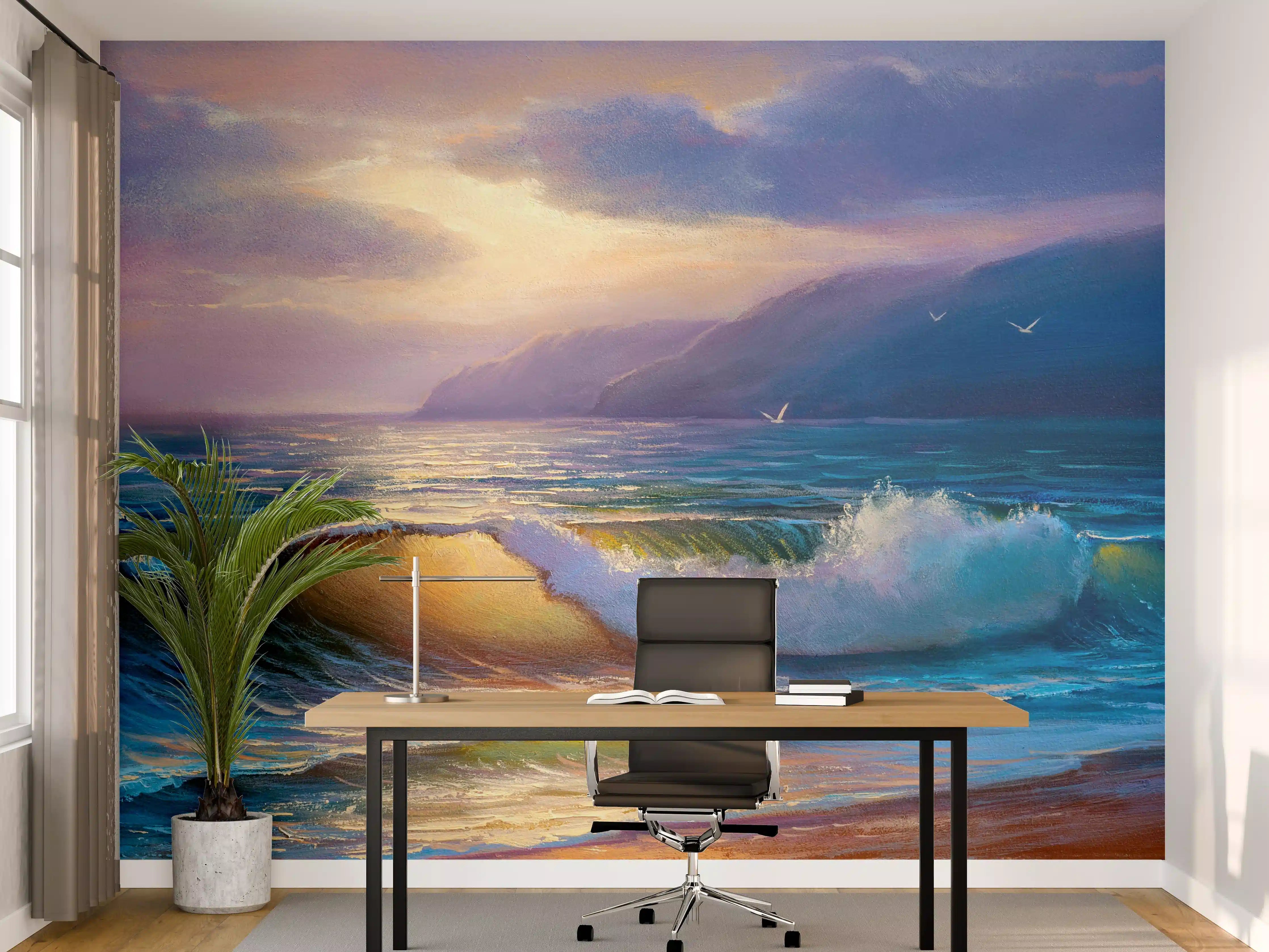 Büro Wandgestaltung - Meereswelle am Strand bei Sonnenuntergang