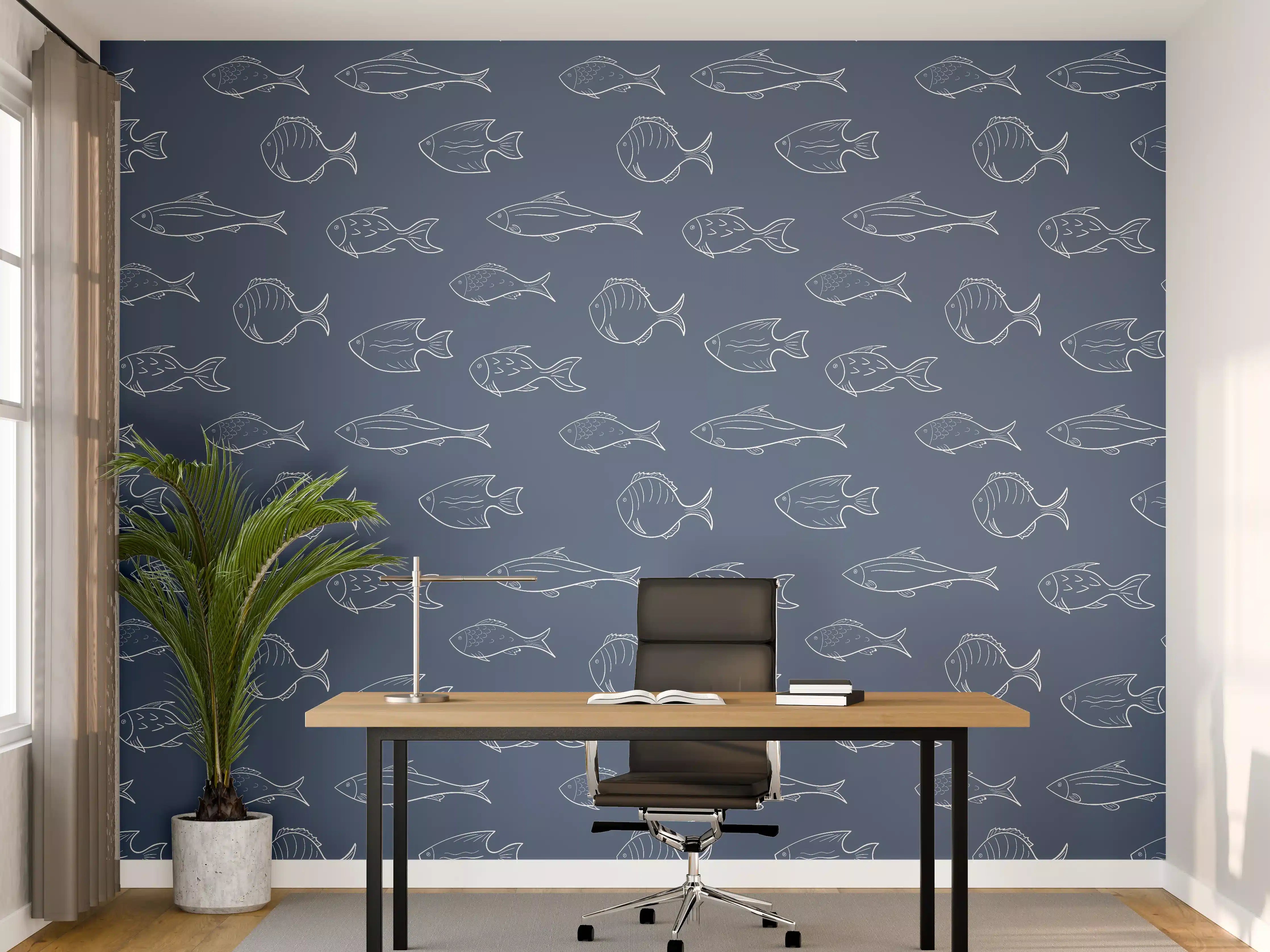 Büro Wandgestaltung - Minimal Fischmuster Blau