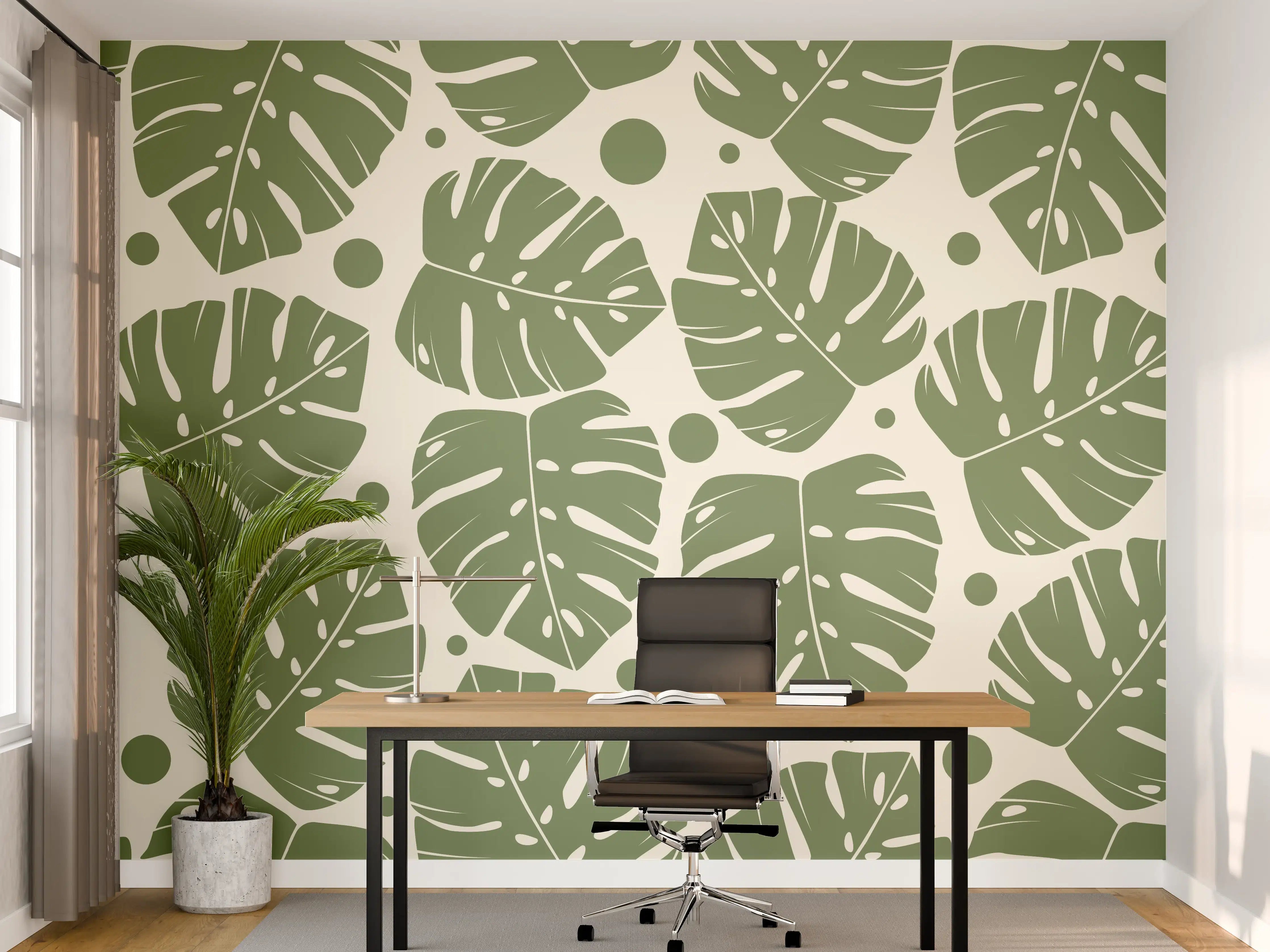 Büro Wandgestaltung - Monstera-Blätter Cremegrün
