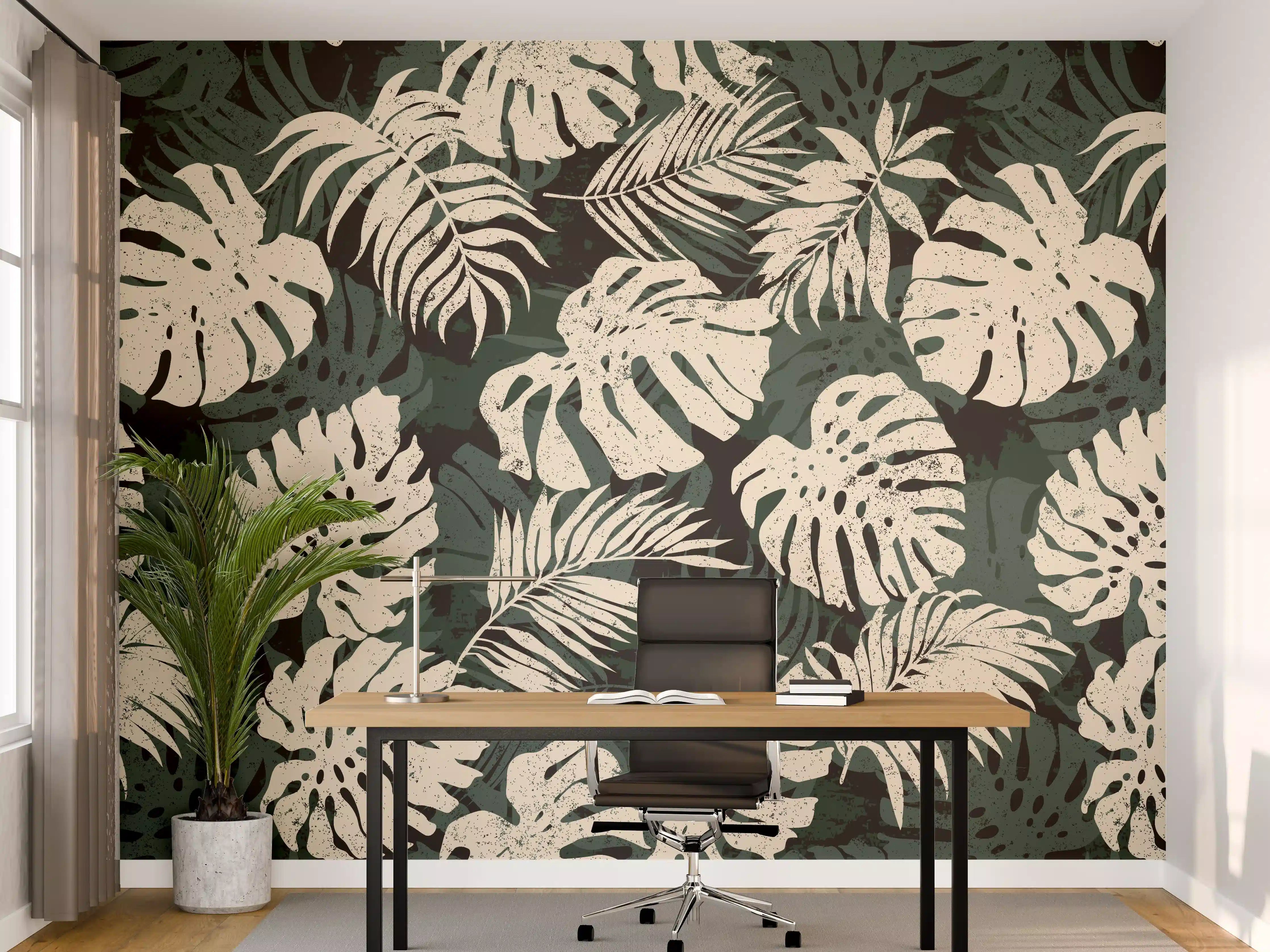 Büro Wandgestaltung - Monstera Blattmuster Grün-Beige