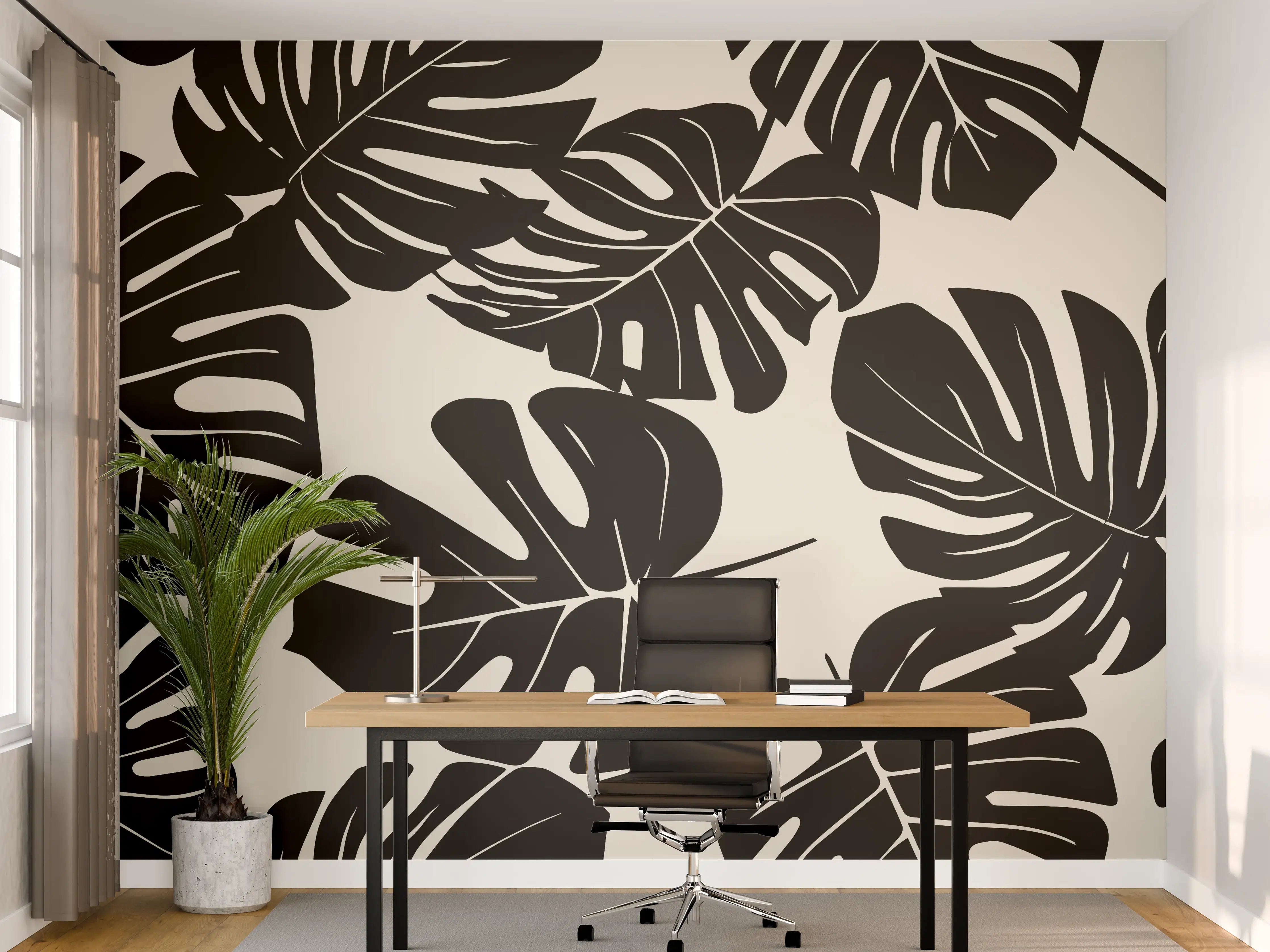 Büro Wandgestaltung - Monstera Schwarz-Beige Muster