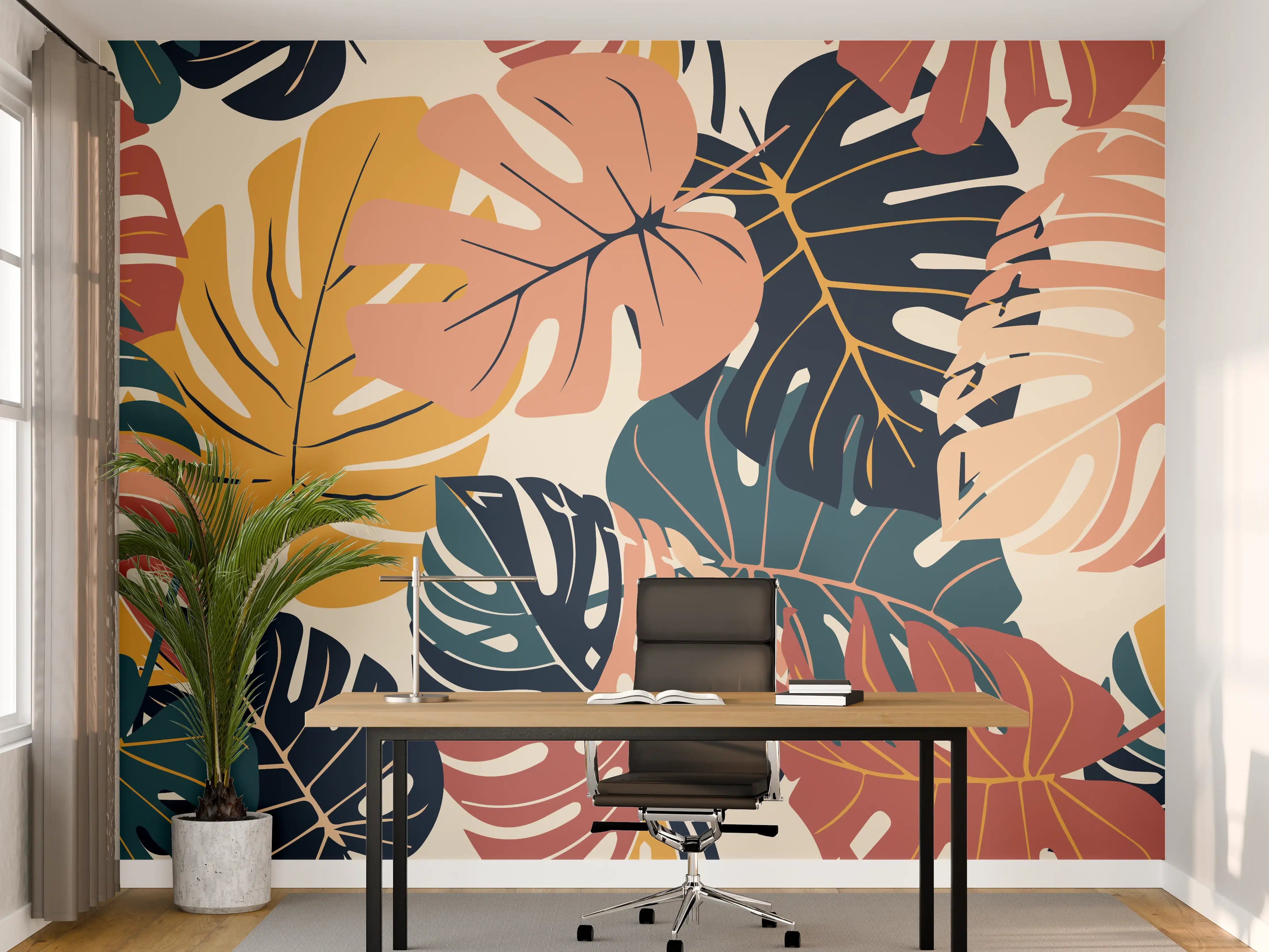 Büro Wandgestaltung - Monstera Tropic Koralle Türkis