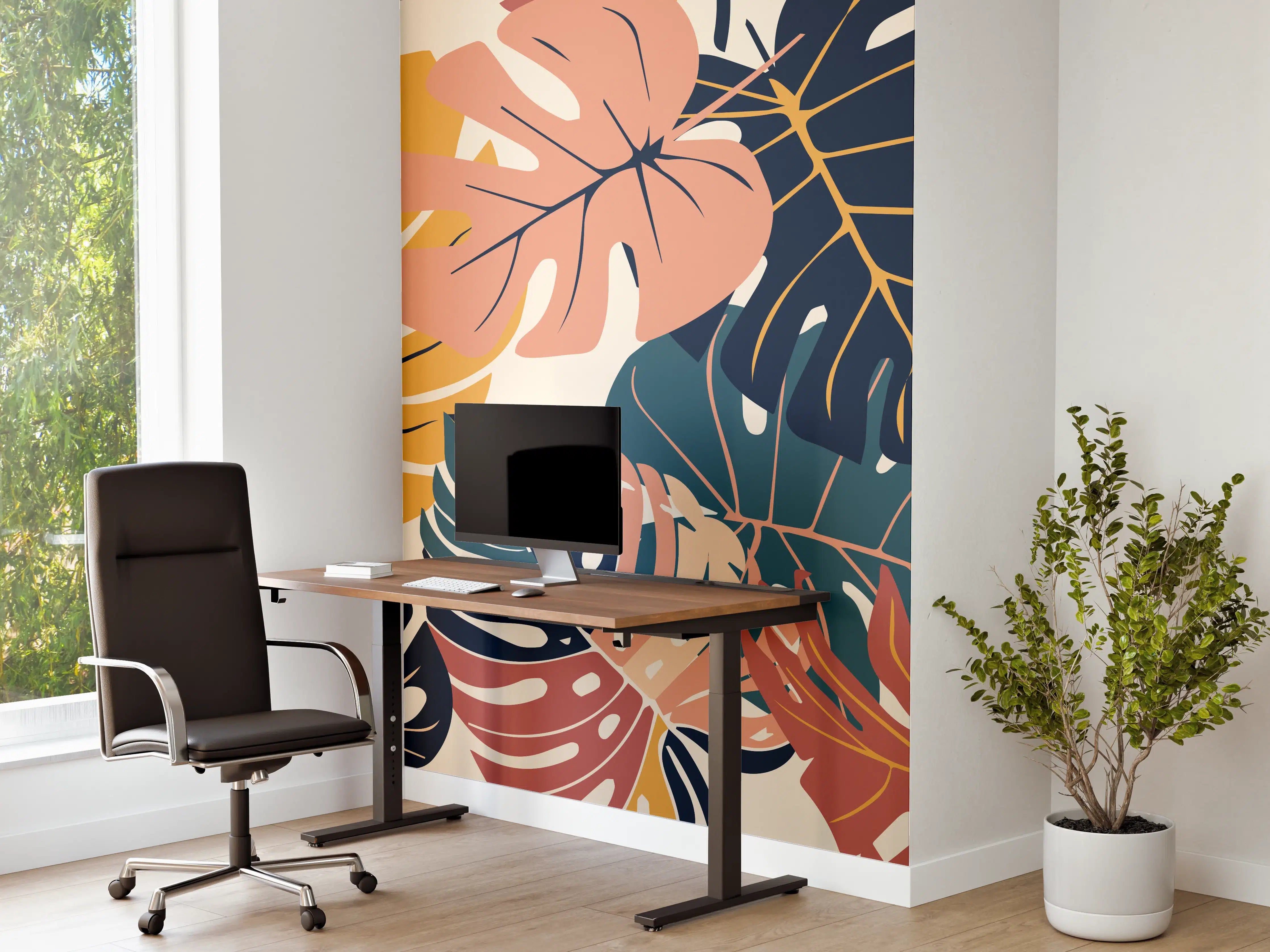 Büro Wandgestaltung - Monstera Tropic Koralle Türkis