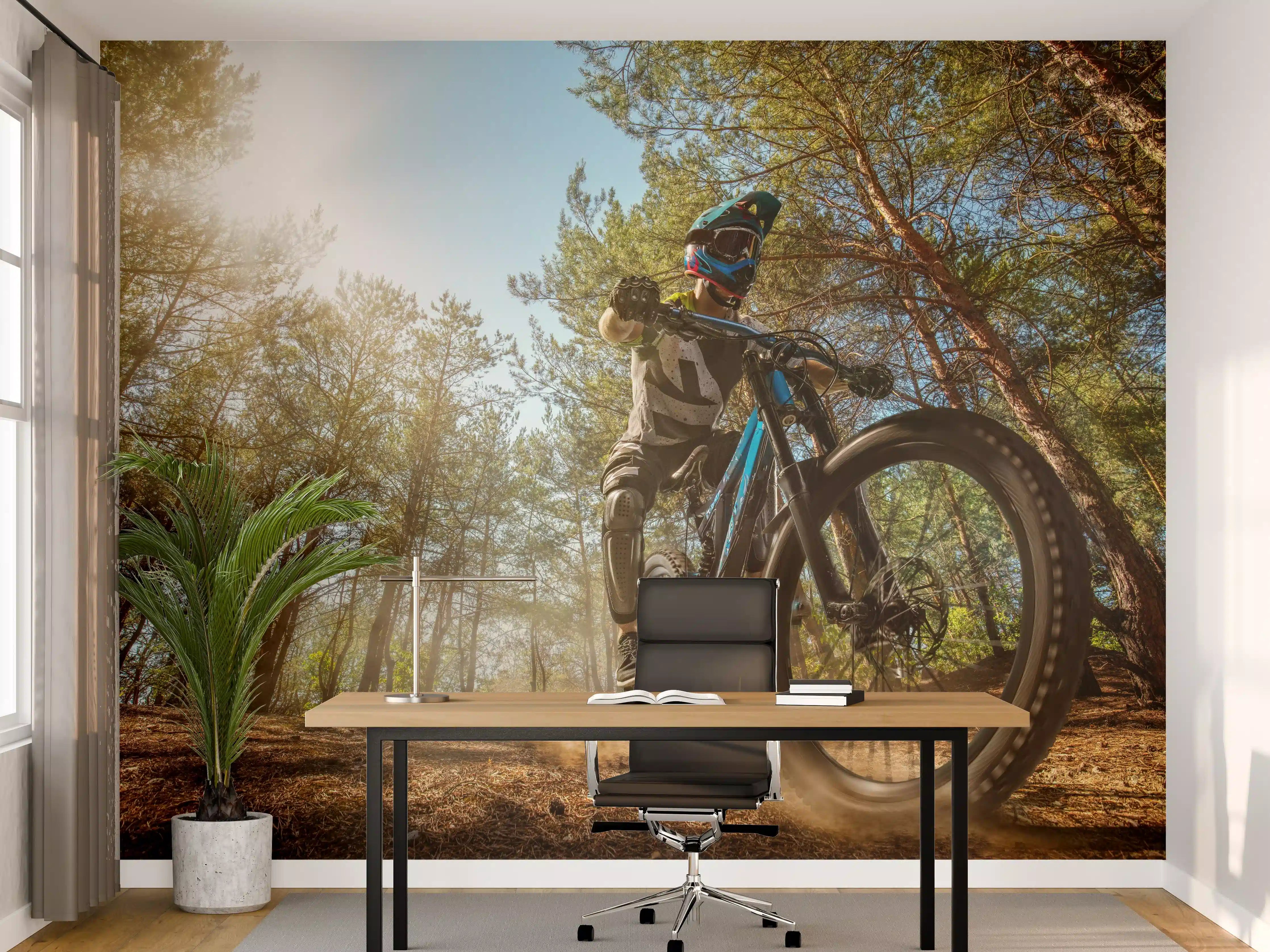 Büro Wandgestaltung - Mountainbiker auf Waldweg