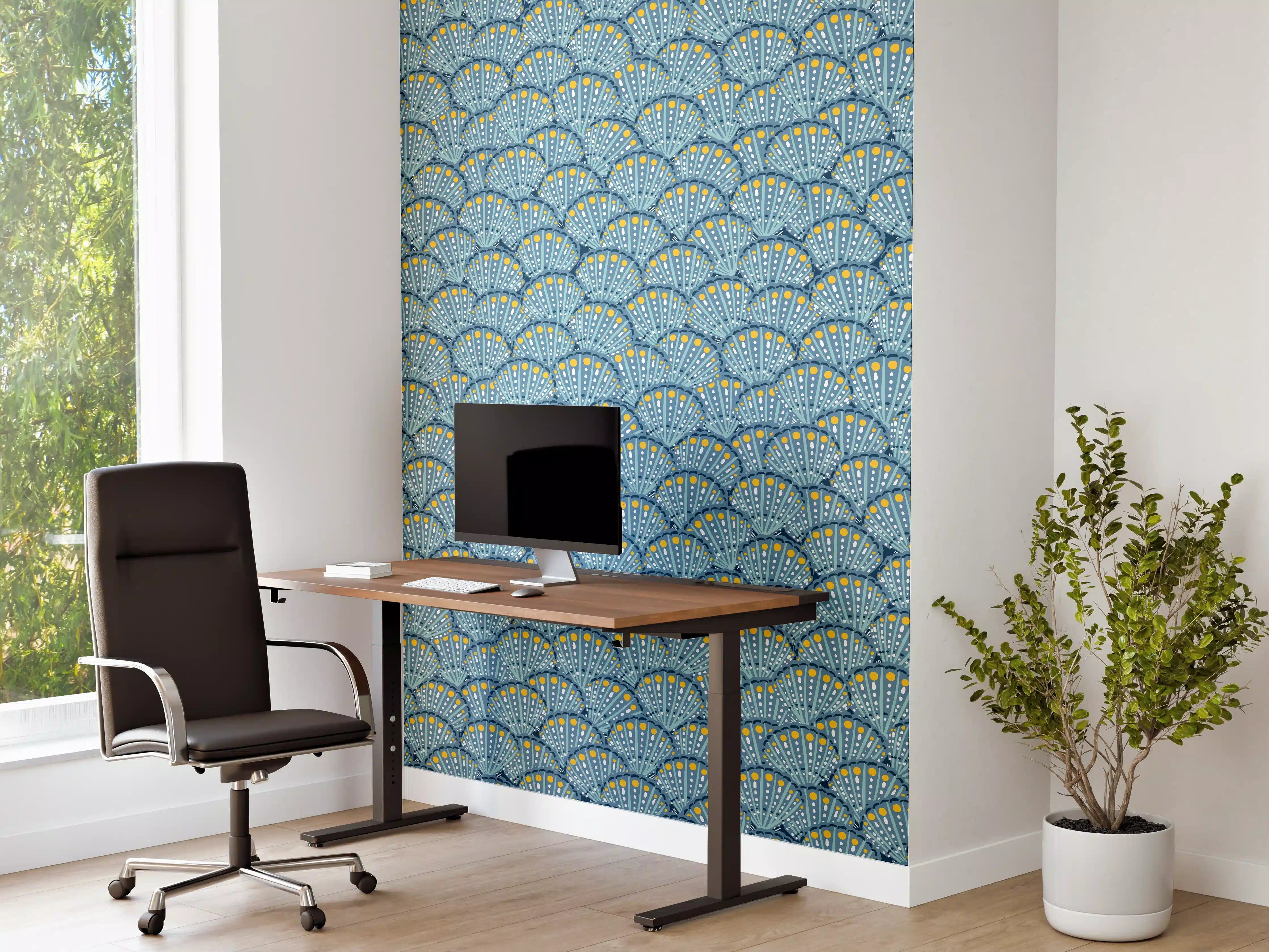 Büro Wandgestaltung - Muschel-Muster Blau-Gelb