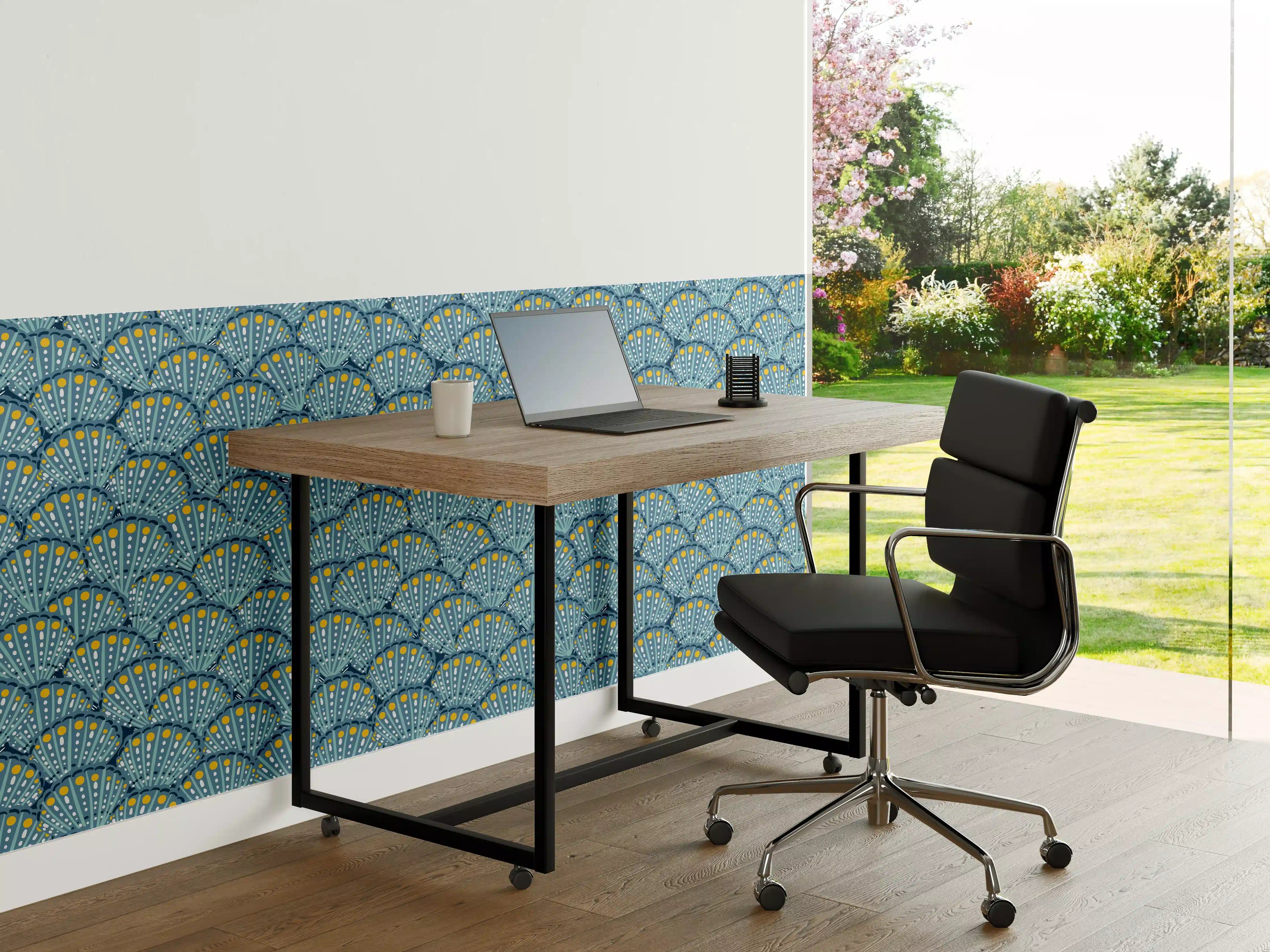 Büro Wandgestaltung - Muschel-Muster Blau-Gelb