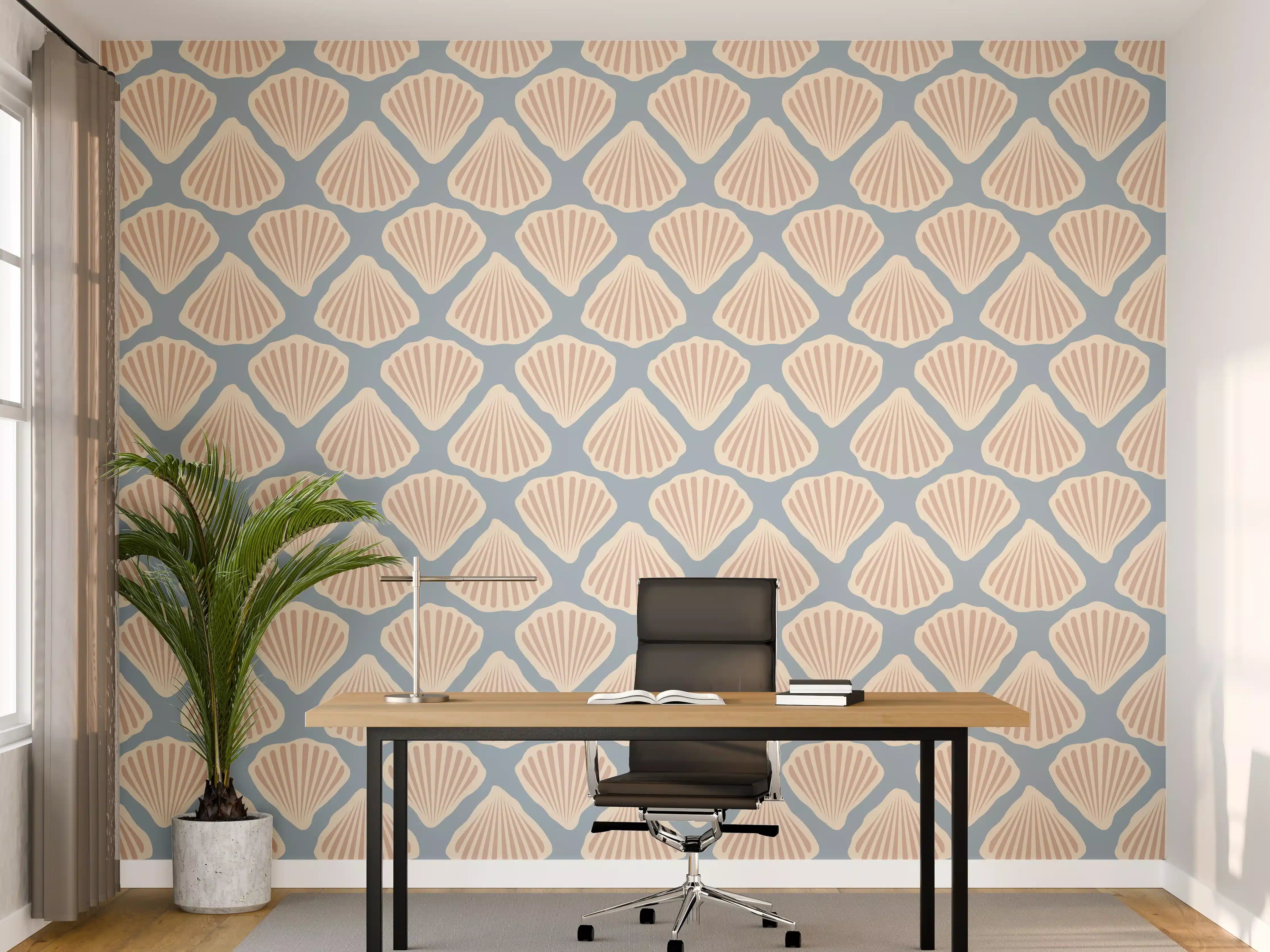 Büro Wandgestaltung - Muschel-Muster Türkis-Beige Tapete