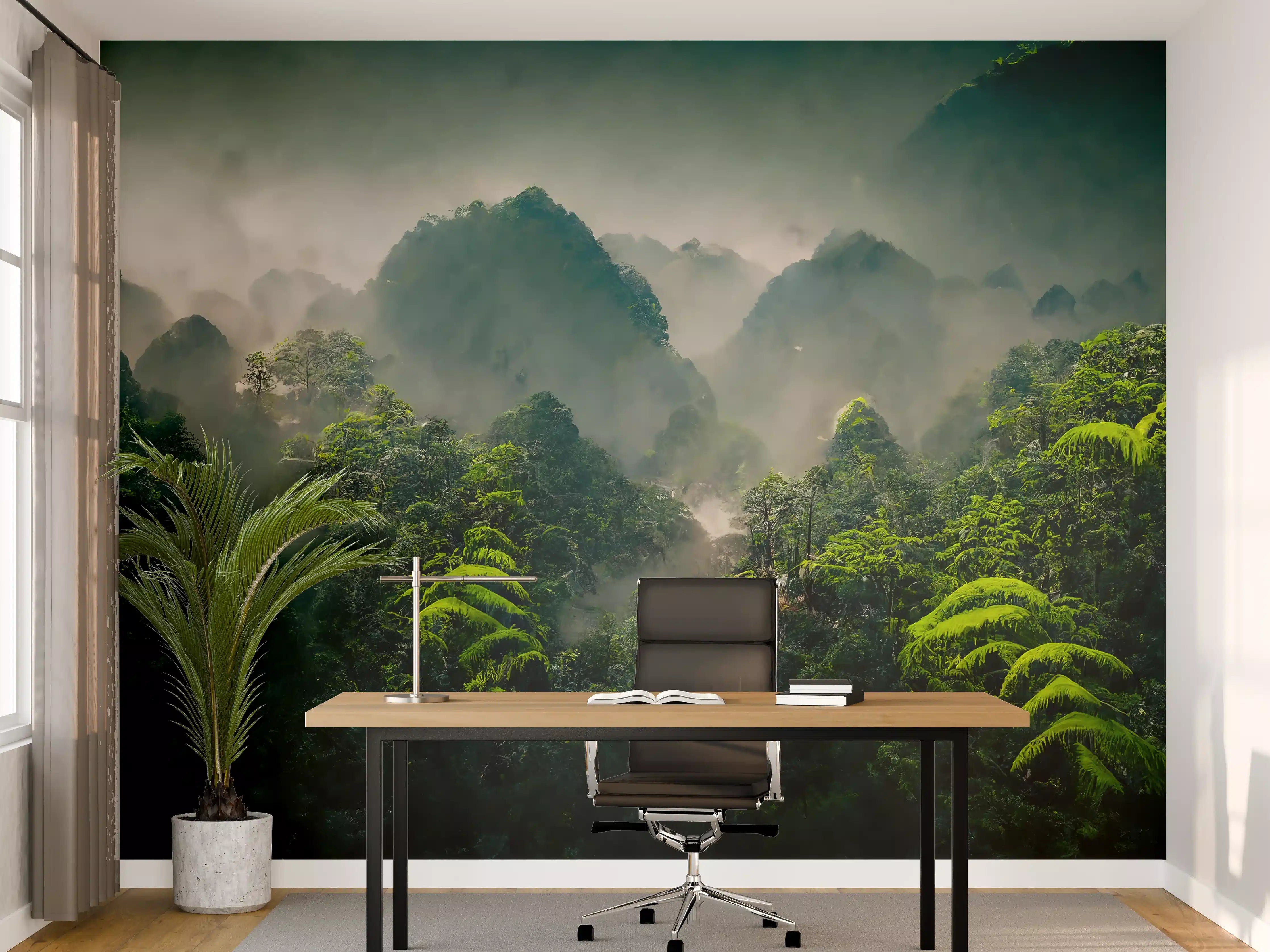 Büro Wandgestaltung - Mystischer Nebel über üppigem Dschungel