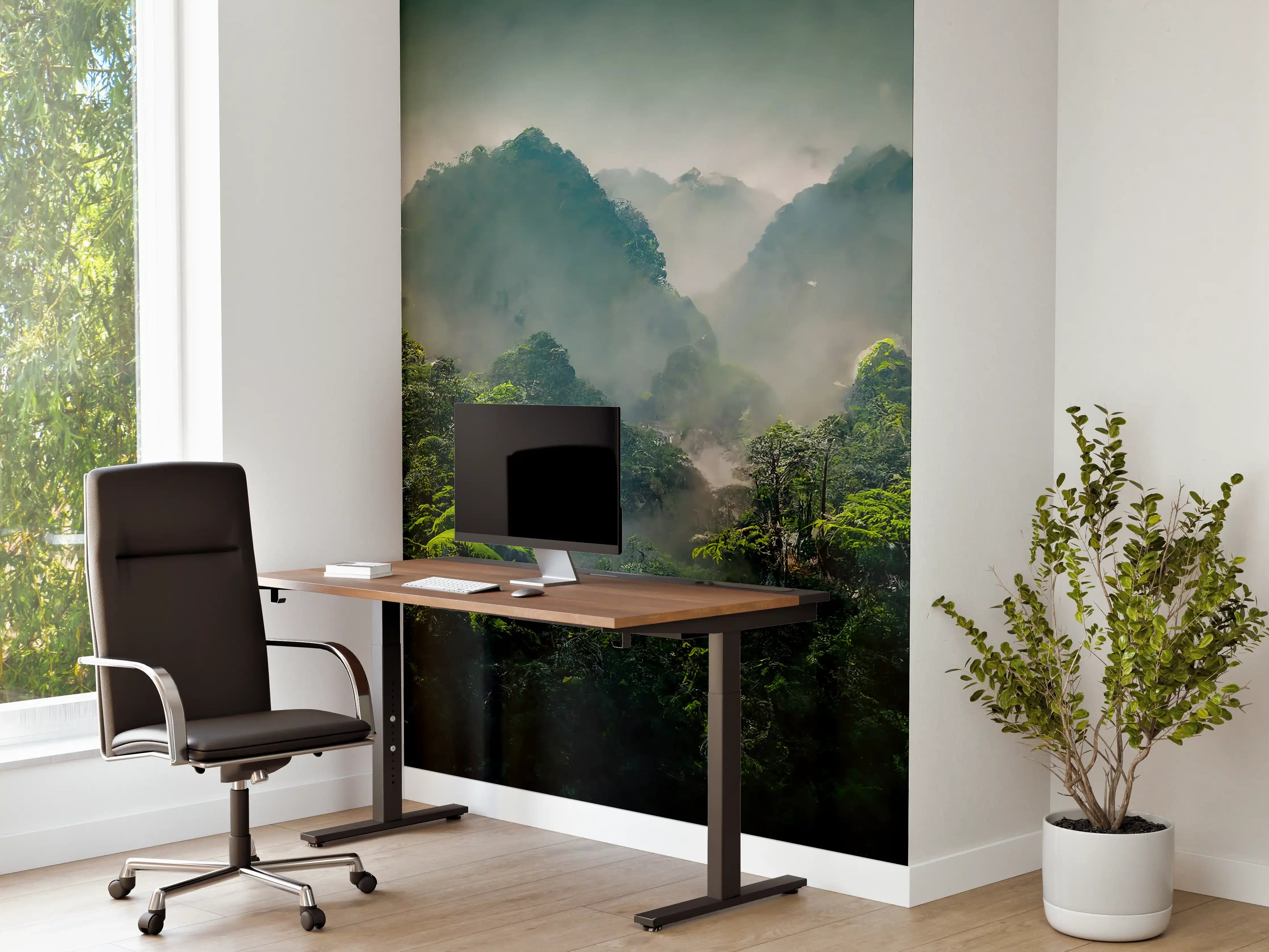 Büro Wandgestaltung - Mystischer Nebel über üppigem Dschungel
