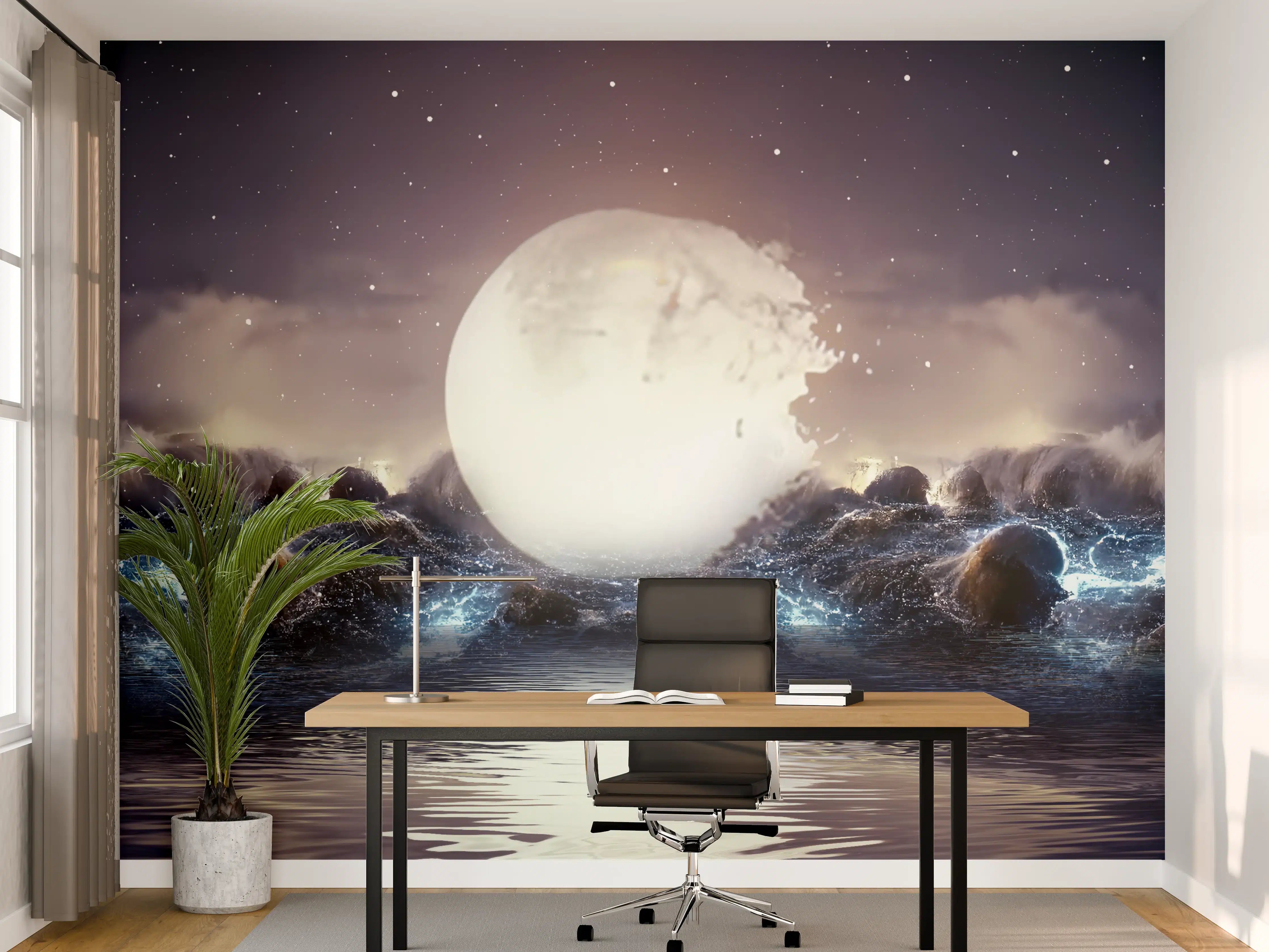 Büro Wandgestaltung - Mystischer Vollmond über Meereswellen