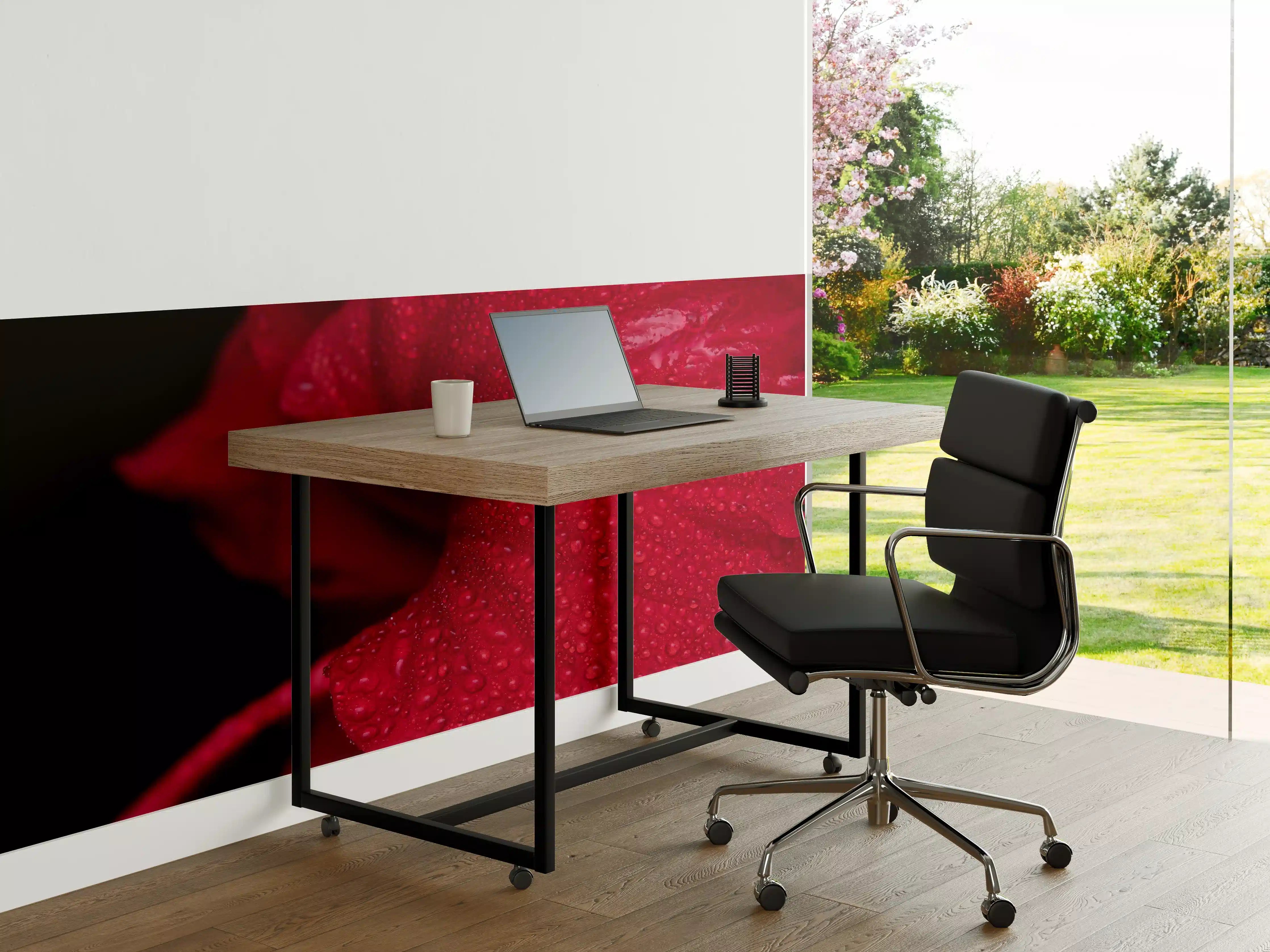 Büro Wandgestaltung - Nahaufnahme von rötlicher Frühlingsblume mit Regentropfen