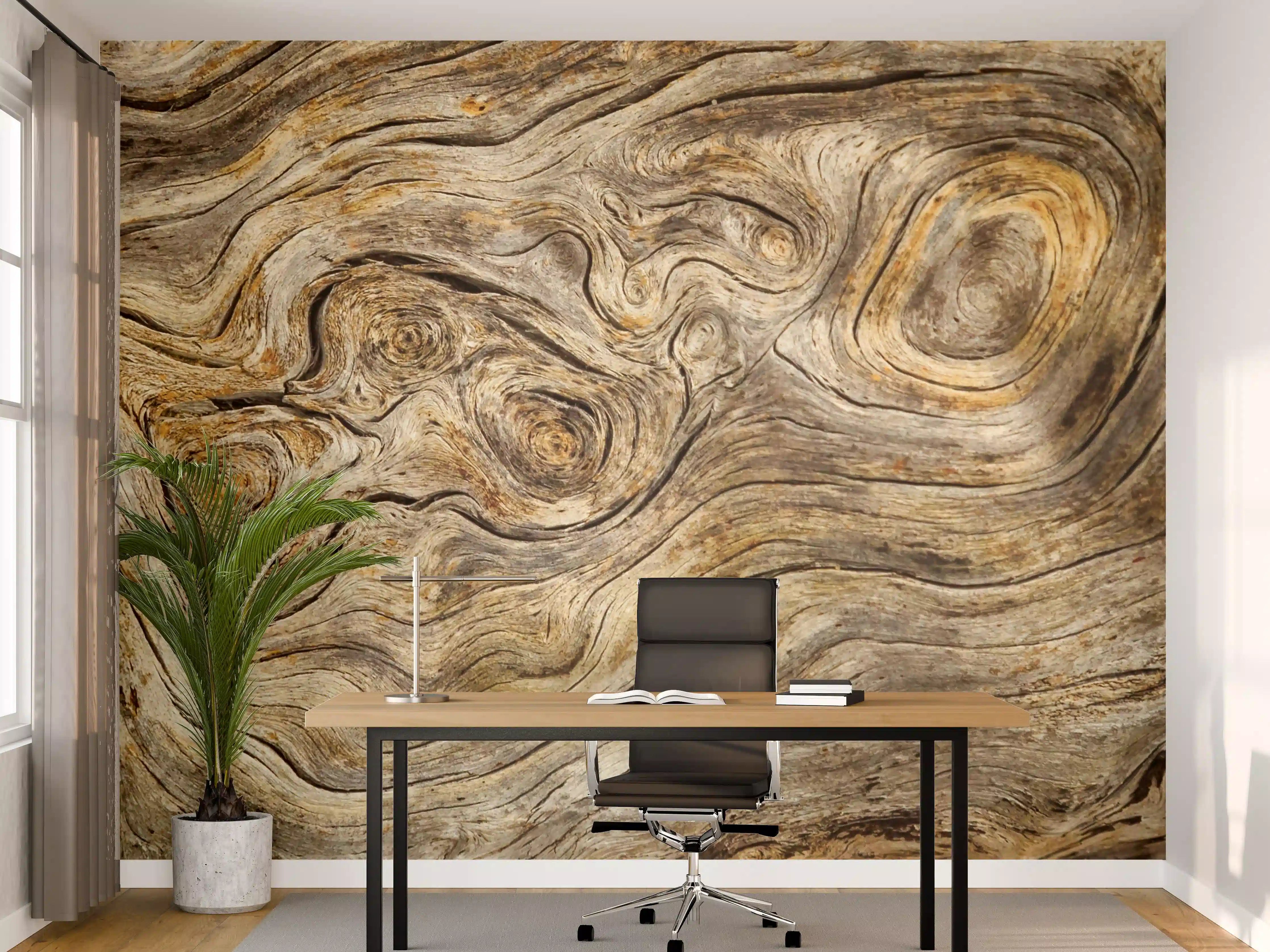 Büro Wandgestaltung - Naturholz-Texture in warmen Braun- und Grautönen