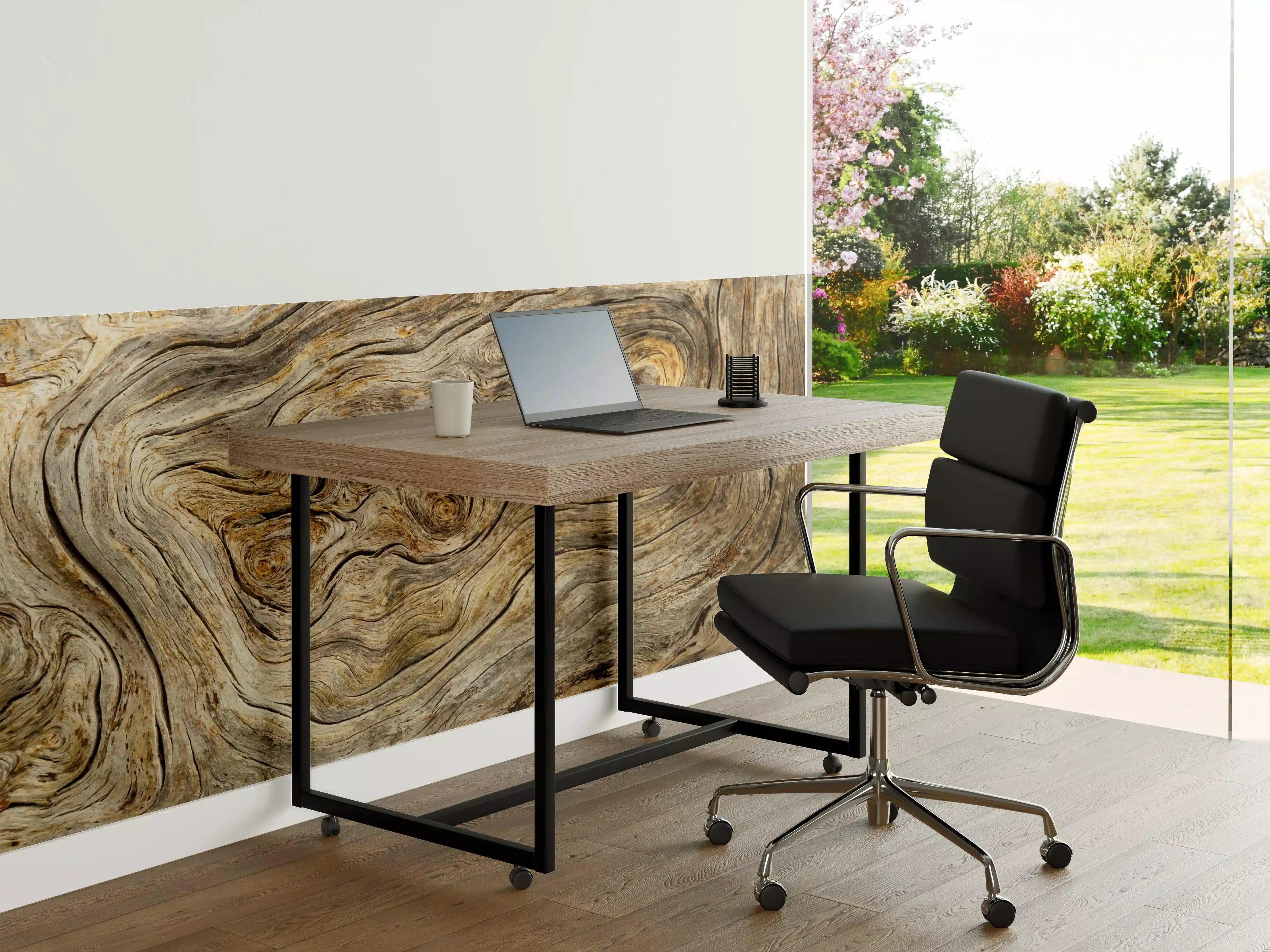 Büro Wandgestaltung - Naturholz-Texture in warmen Braun- und Grautönen