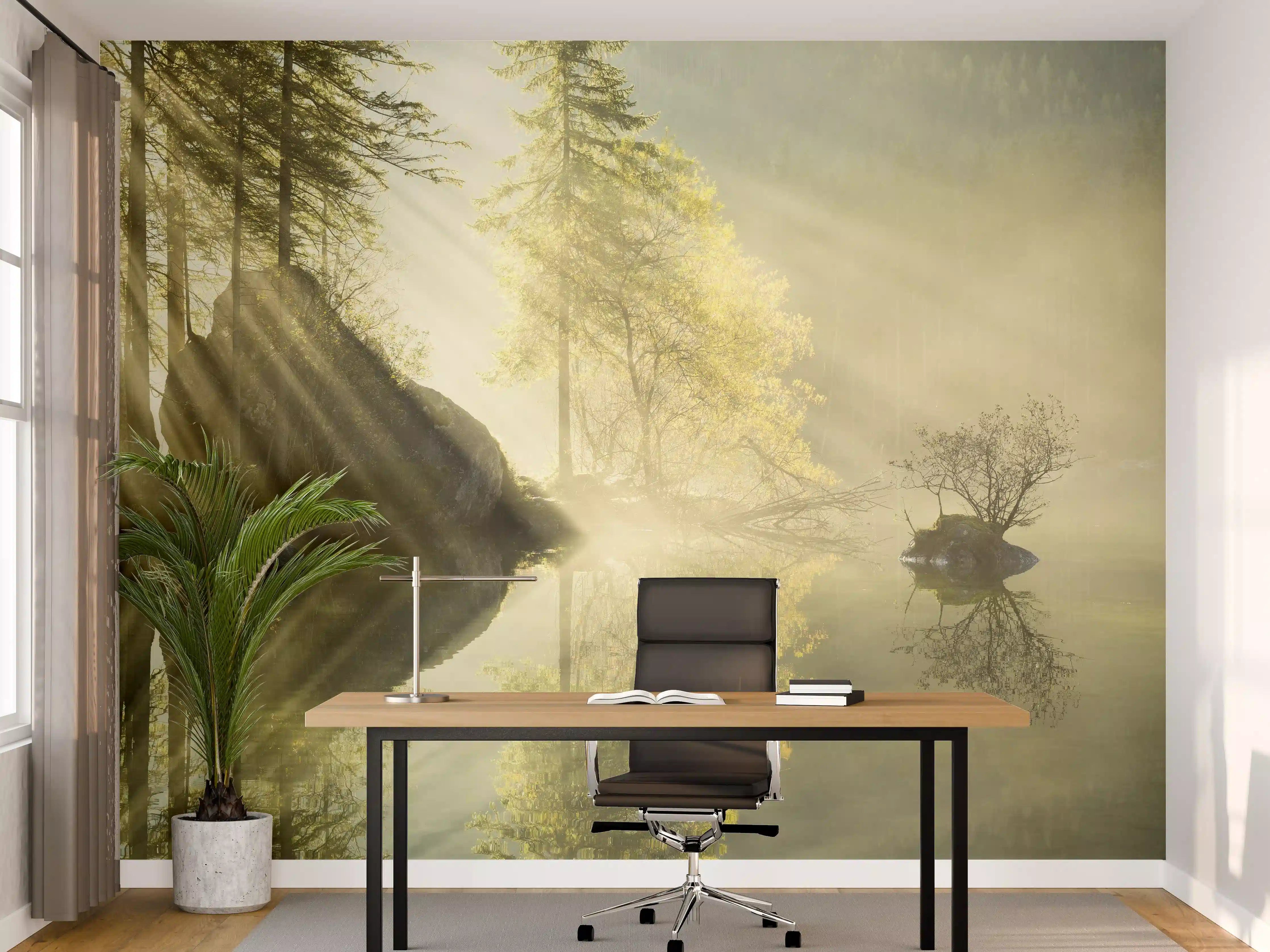 Büro Wandgestaltung - Nebeliger Waldsee bei Sonnenaufgang