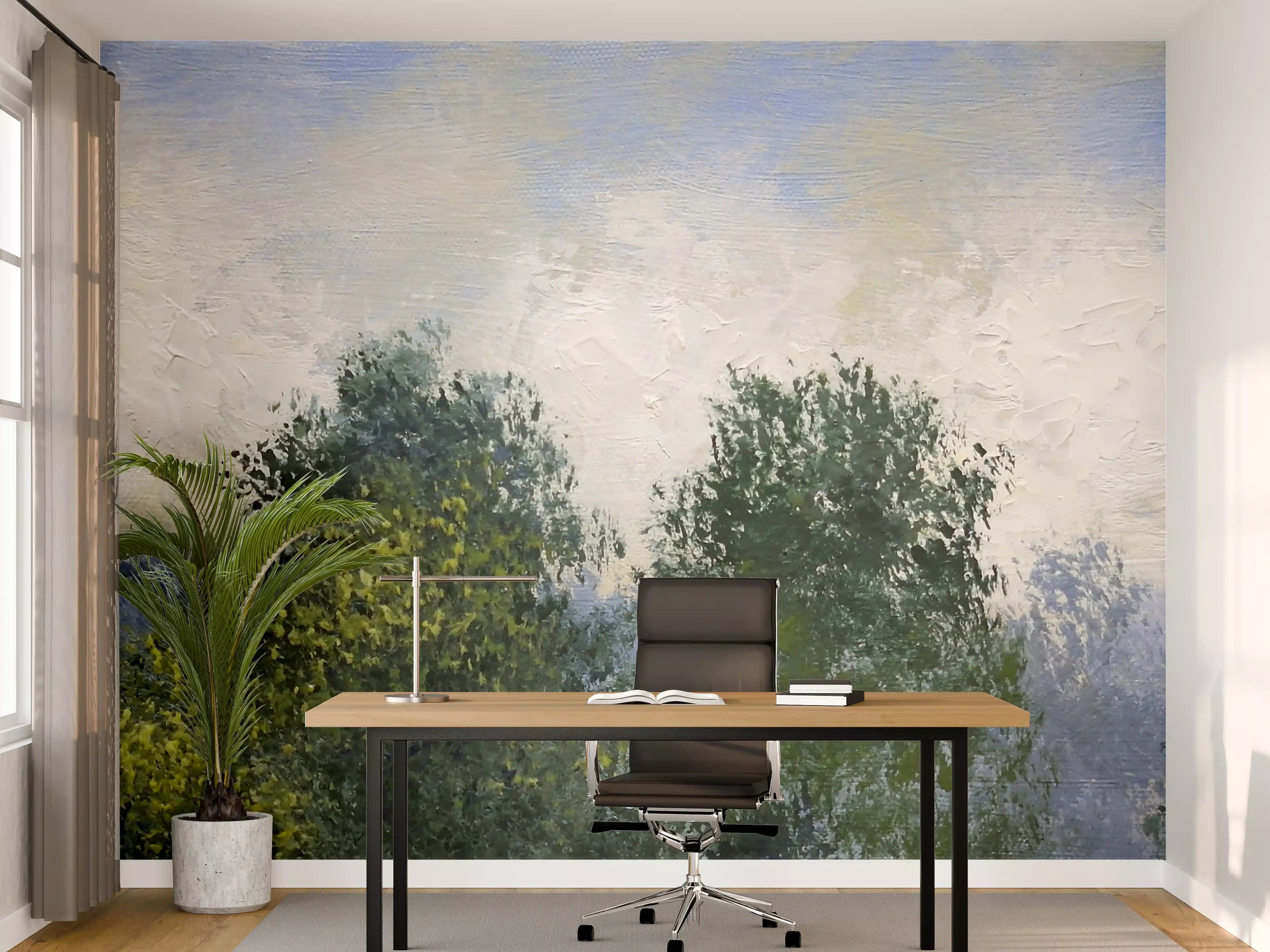 Büro Wandgestaltung - Nebelüberzogene Baumlandschaft in sanften Grüntönen