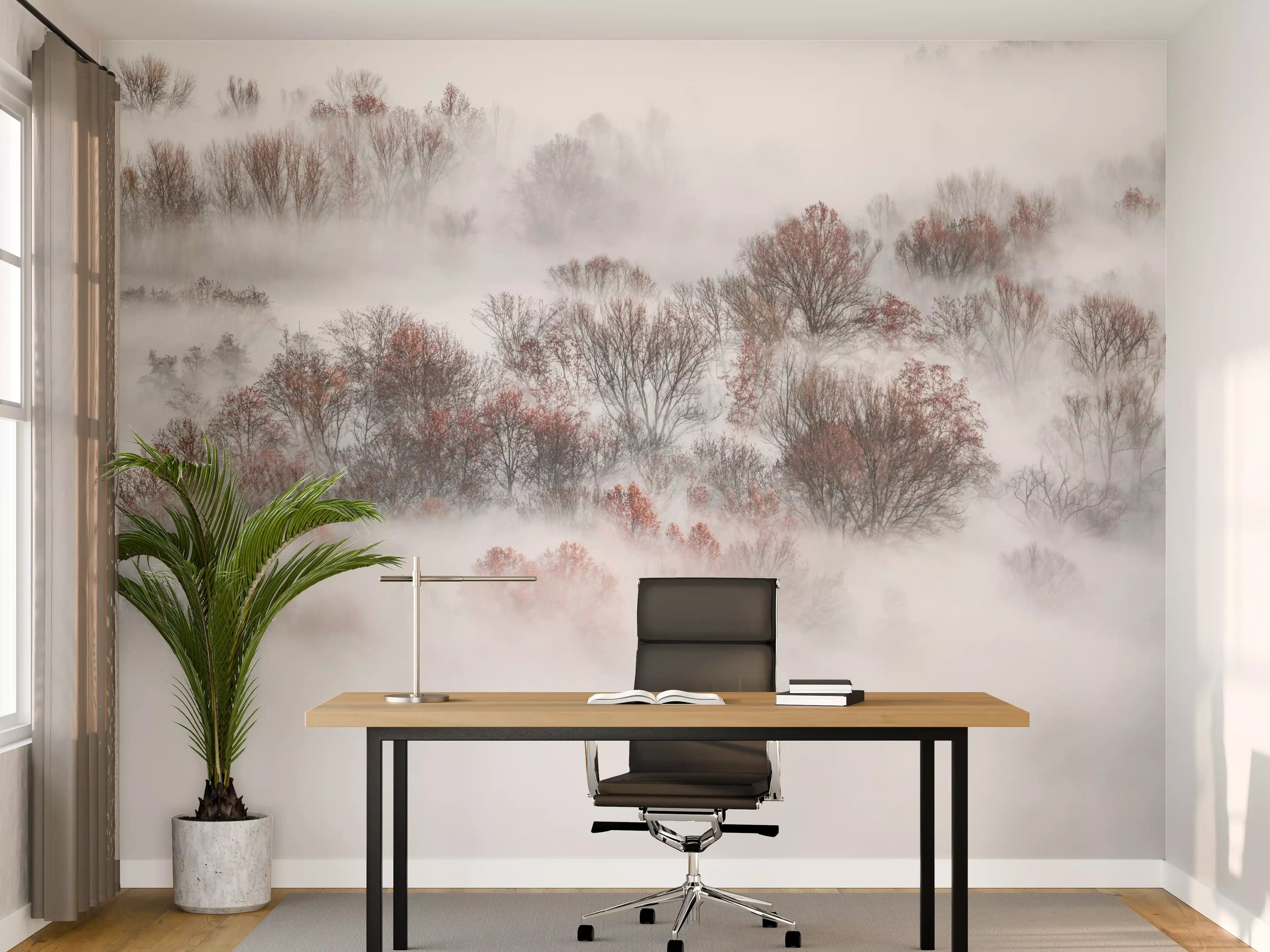 Büro Wandgestaltung - Nebelverhangener Wald in Weiß-Grau